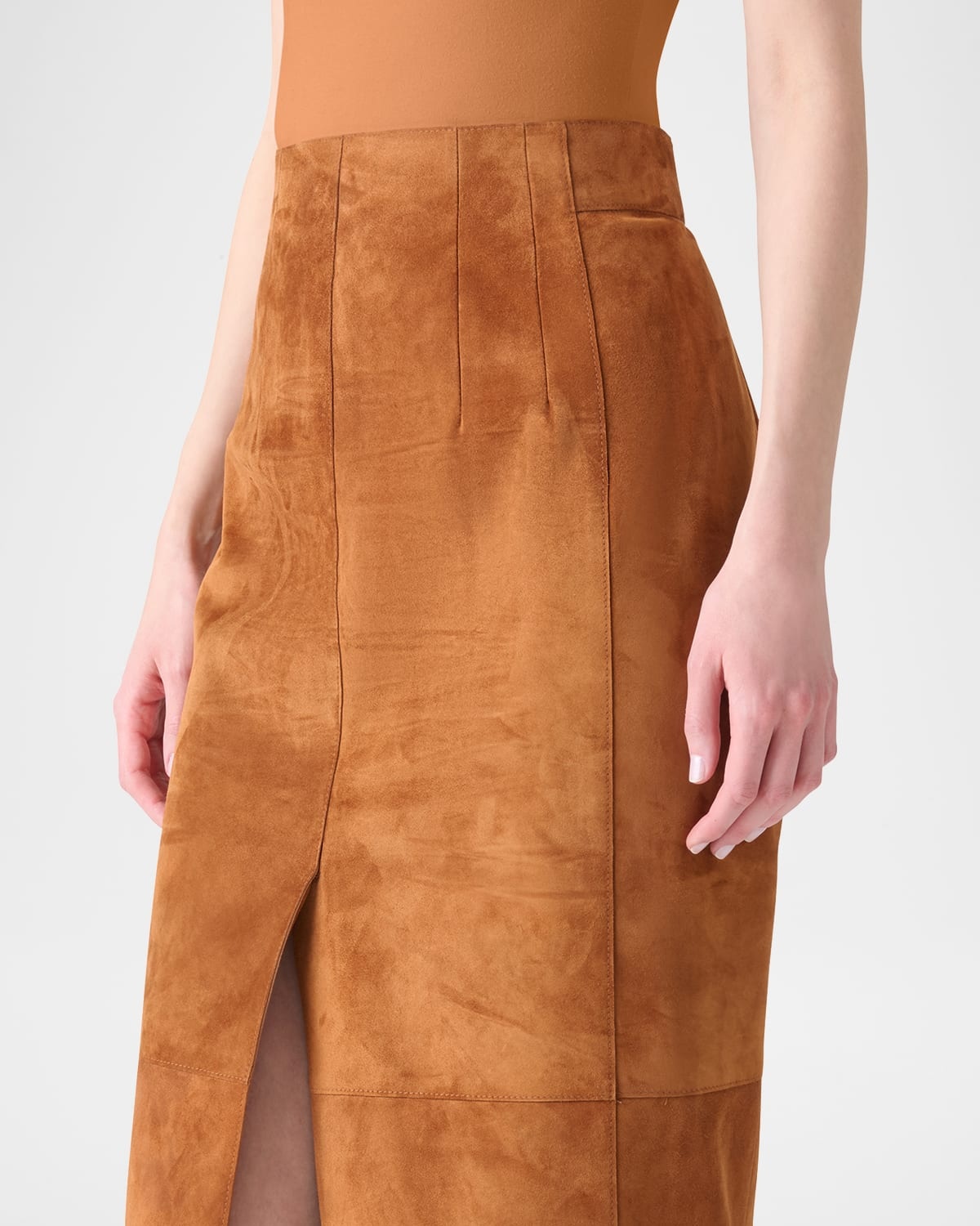 Lamb Suede Slit Midi Pencil Skirt - 5