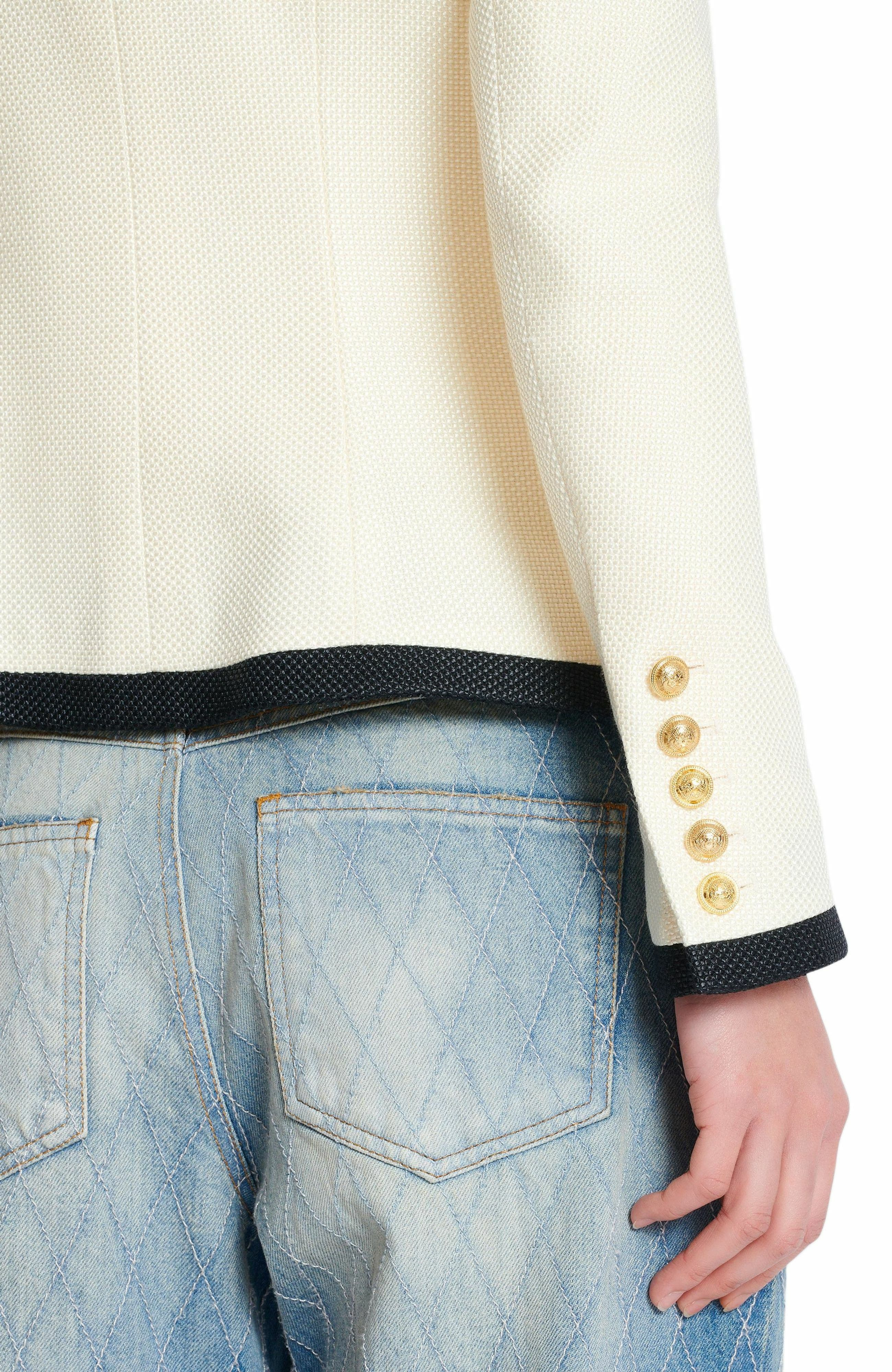 Balmain Fitted Two-Tone Basketweave Jacket in Beige at Nordstrom - 4