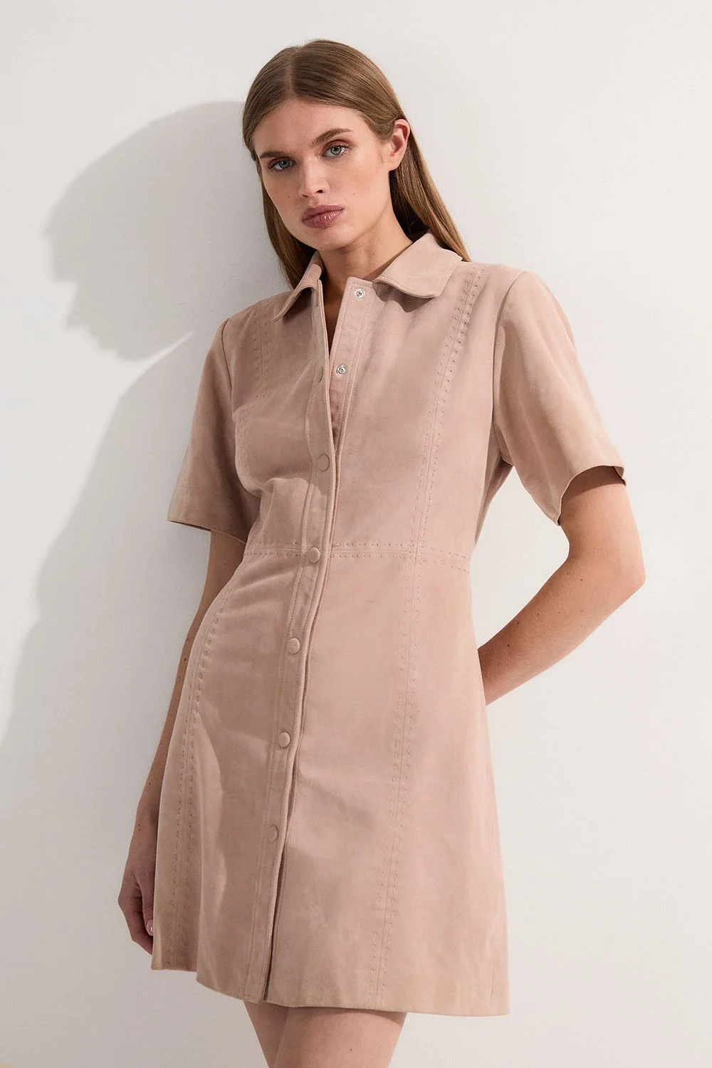 Suede Stab Stitch Button Mini Dress - 1