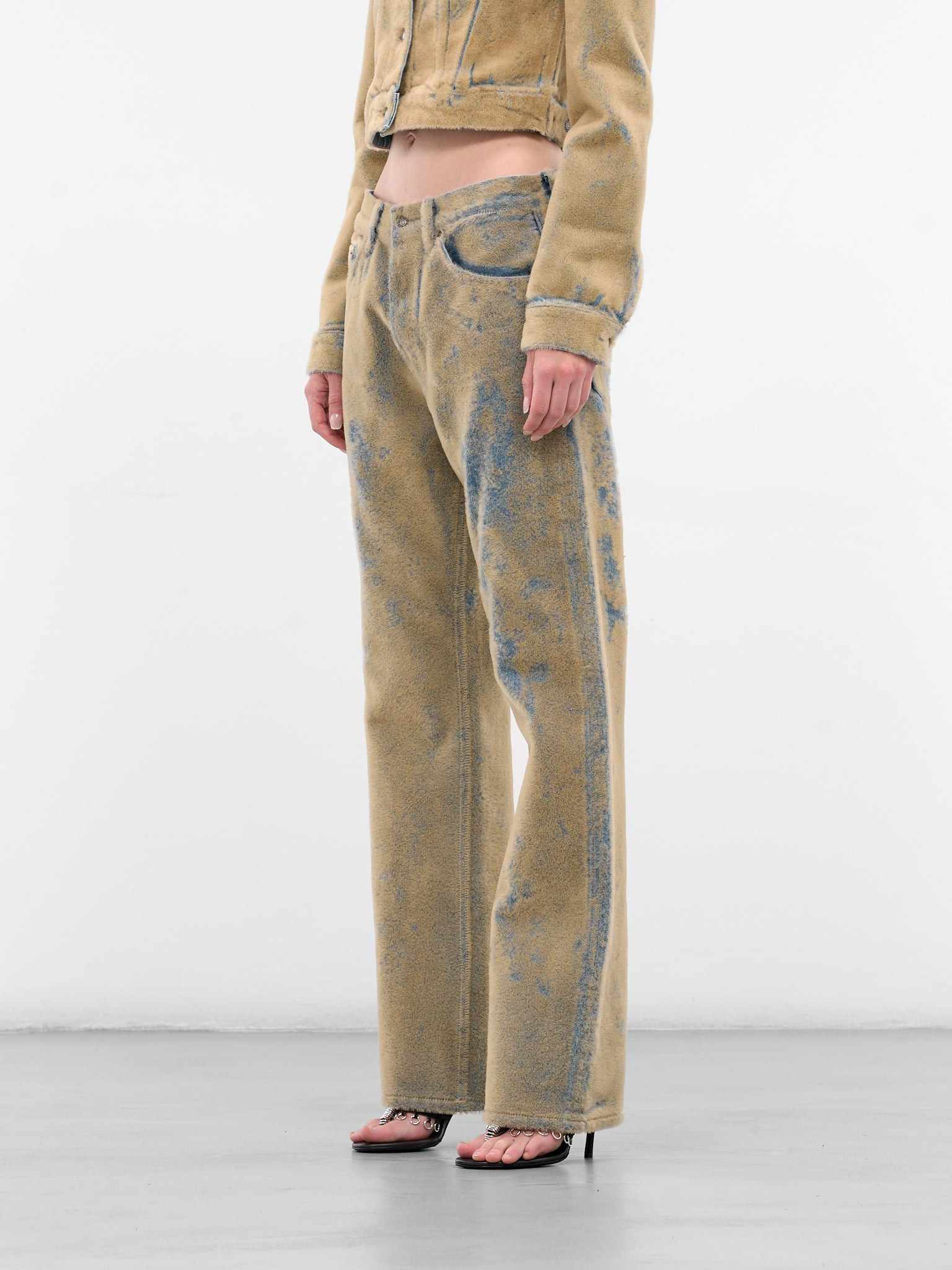 Beige Flocked Straight Leg Jeans - 2