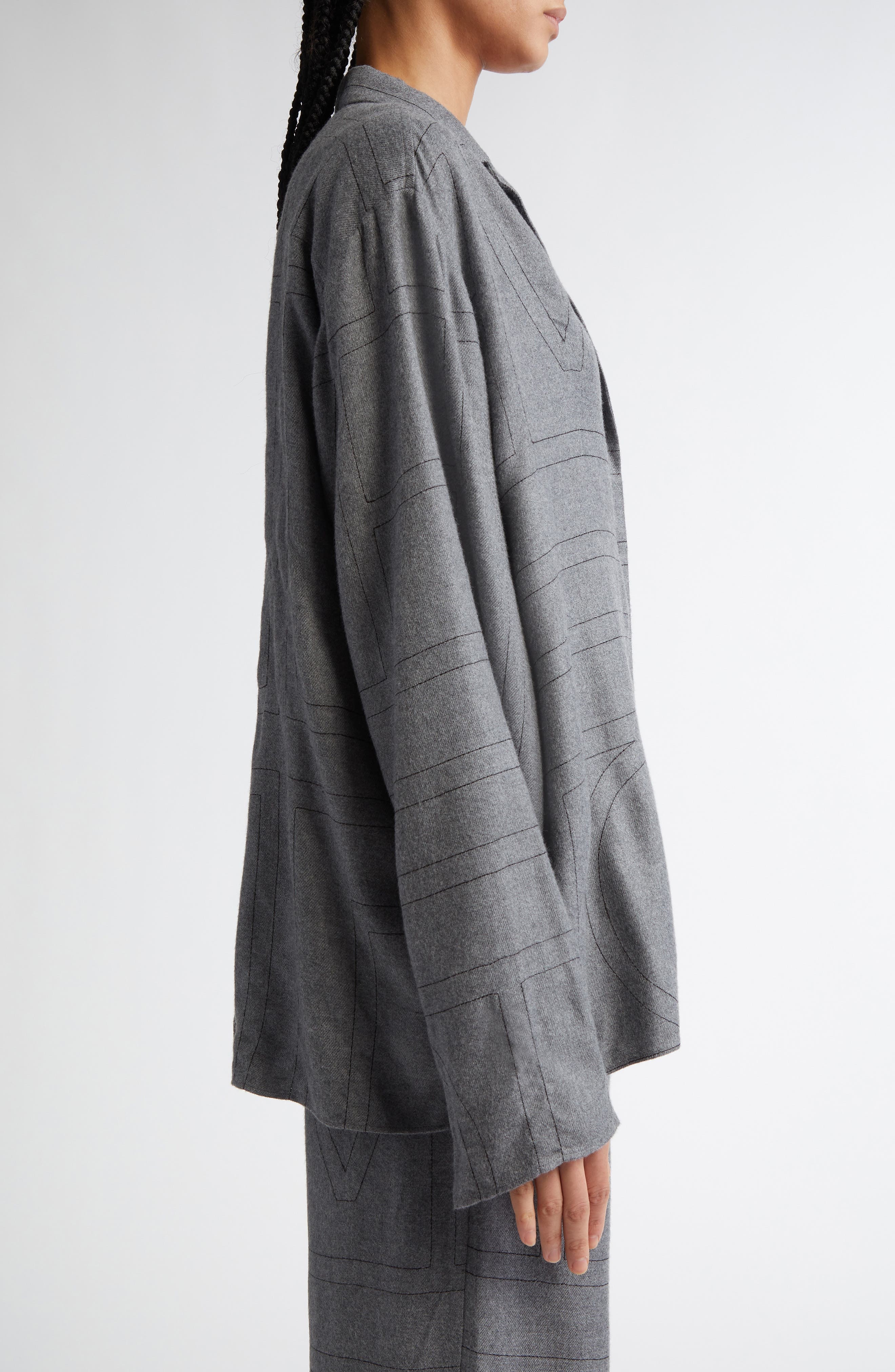 TOTEME Monogram Embroidered Flannel Pajama Top in Smoke Melange at Nordstrom - 4