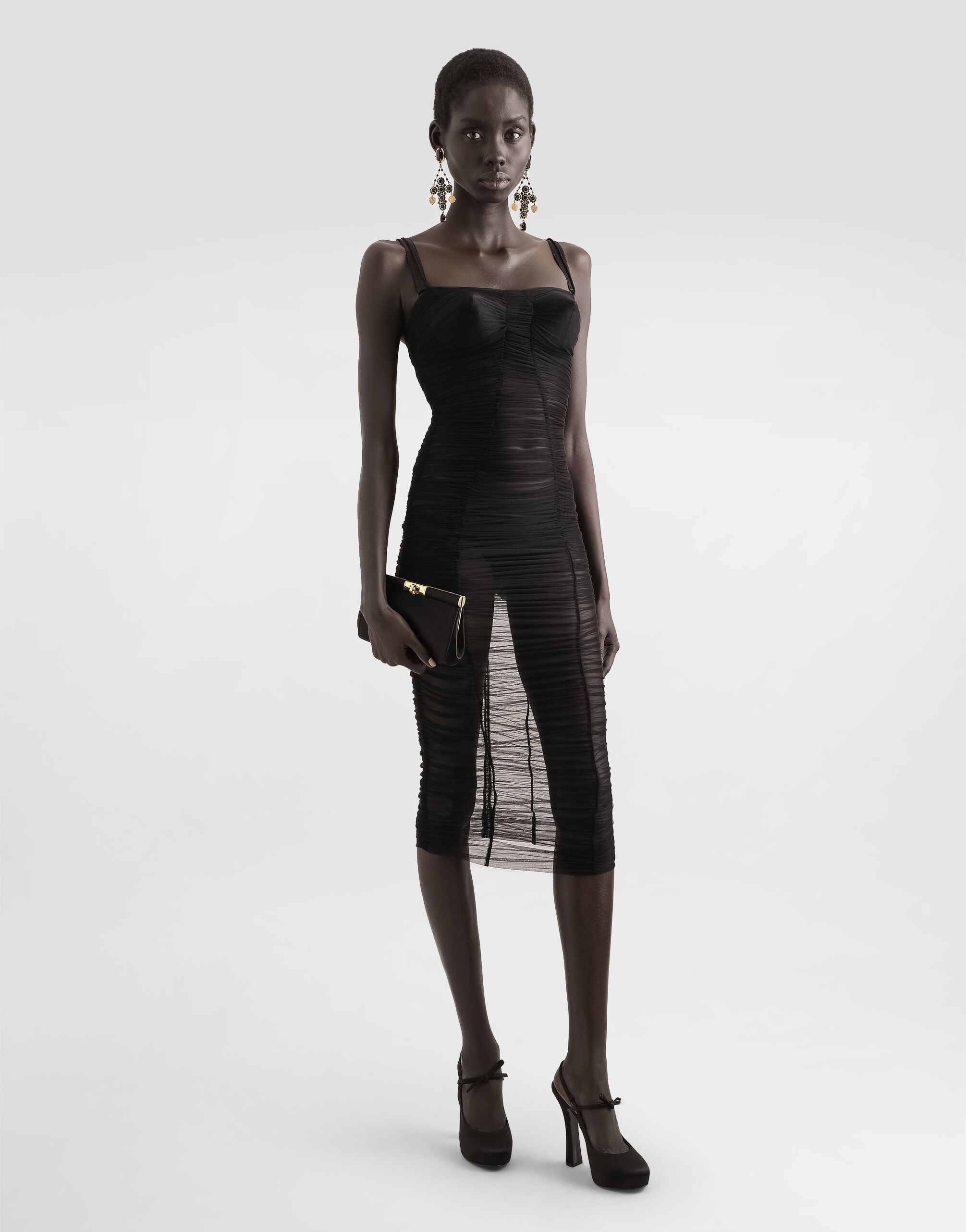 Tulle calf-length dress with draping - 2