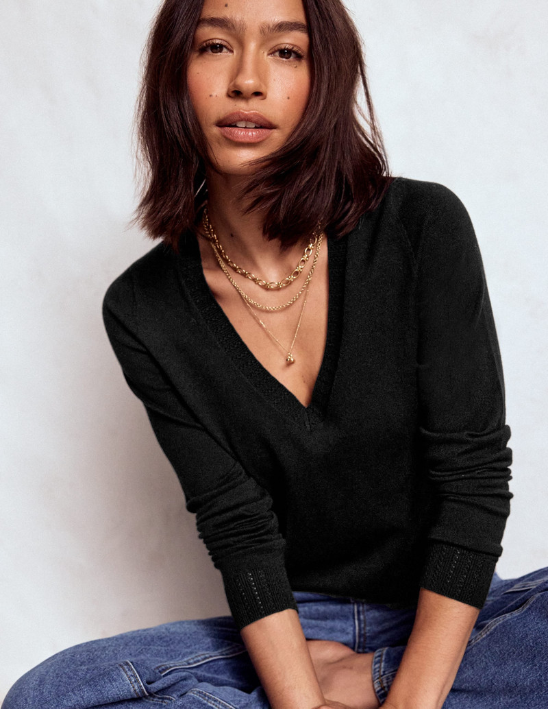 Emilia Cotton V Neck Sweater-Black 1