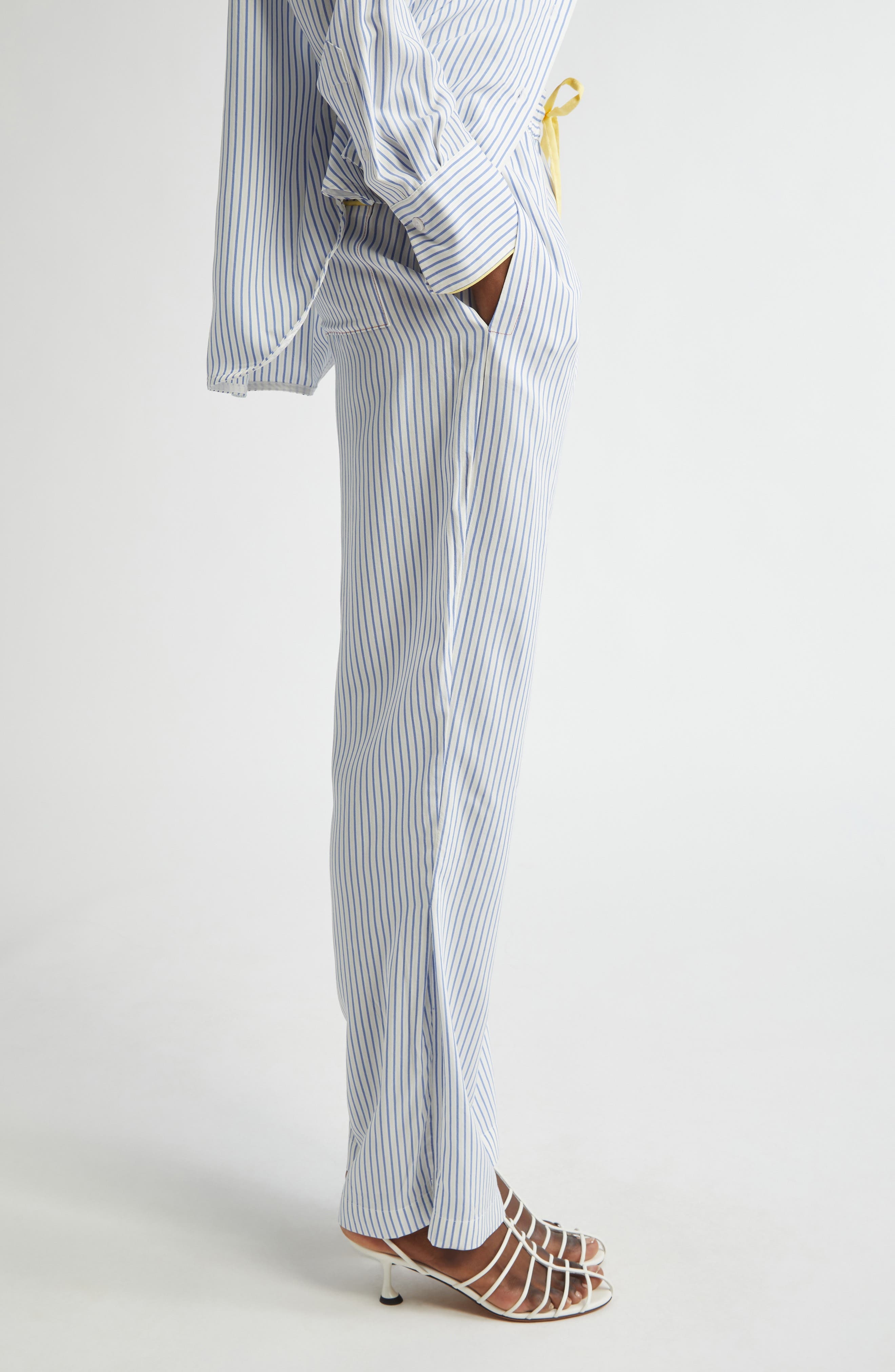 Victoria Beckham Pleat Detail Stripe Pajama Trousers in White /Regatta /Ice Lemon at Nordstrom - 4