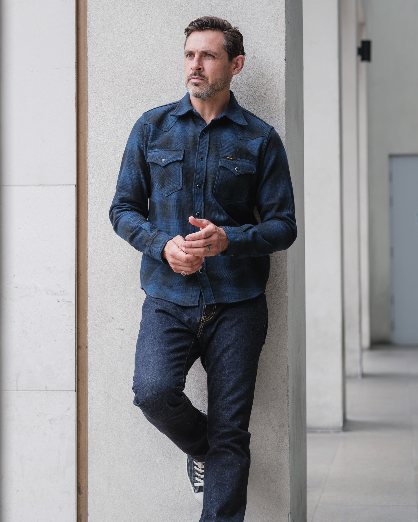 IHSH-264-NAV Ultra Heavy Flannel Ombré Check Western Shirt - Navy/Black - 11