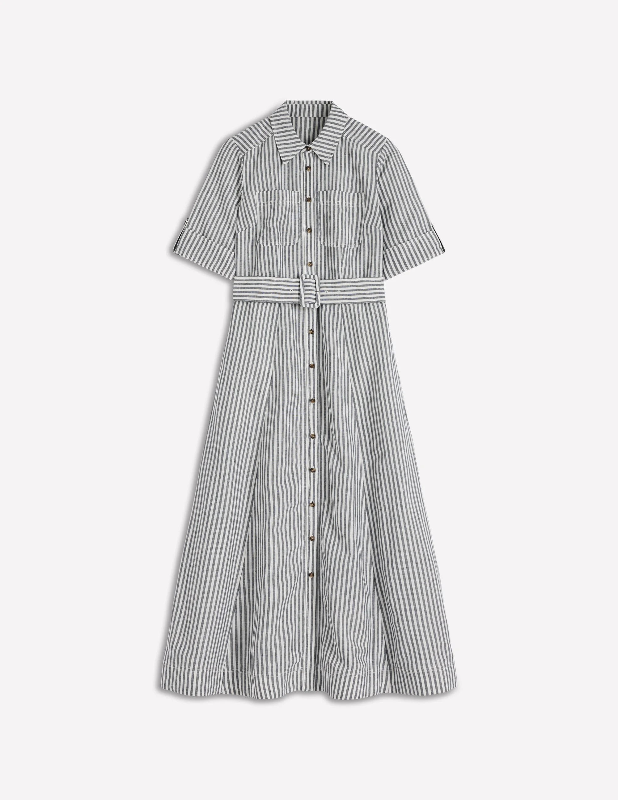 Ora Linen Blend Shirt Dress-Navy Ivory Stripe - 1