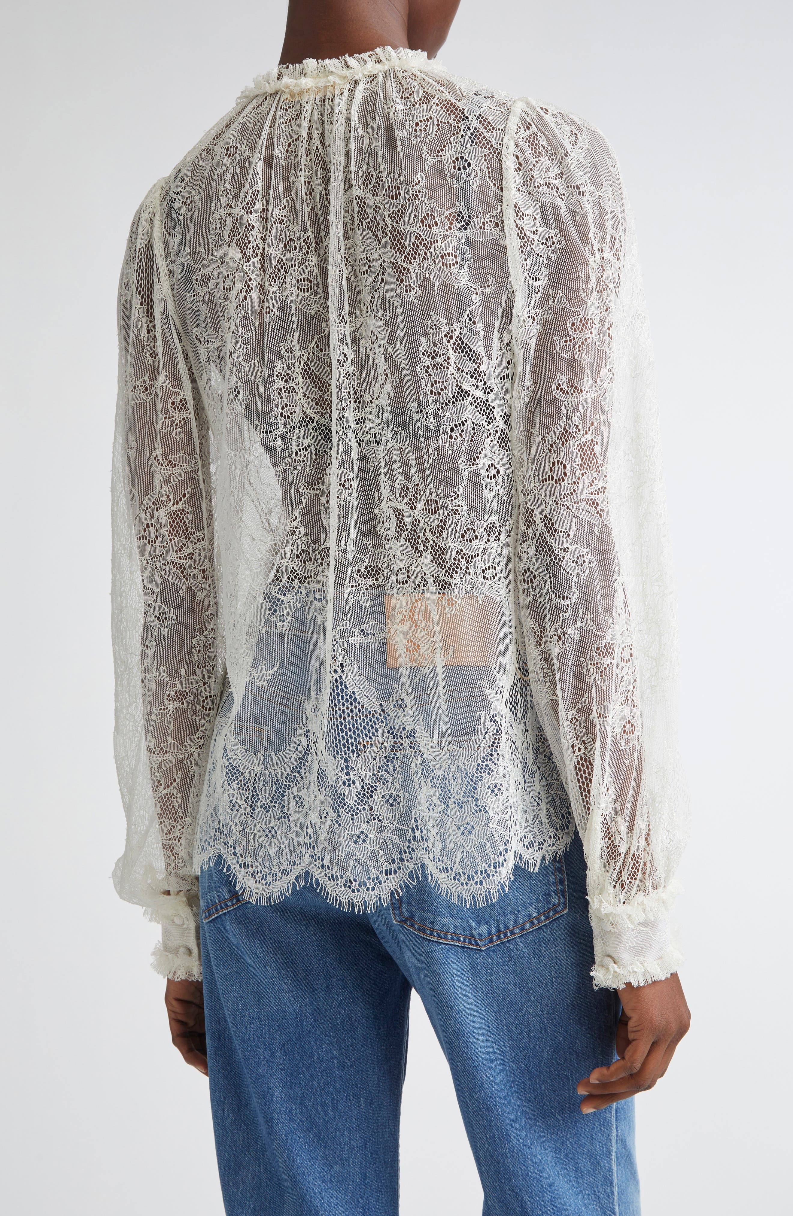 Ulla Johnson Iliana Pussybow Tie Sheer Cotton Lace Top in Pearl at Nordstrom - 3