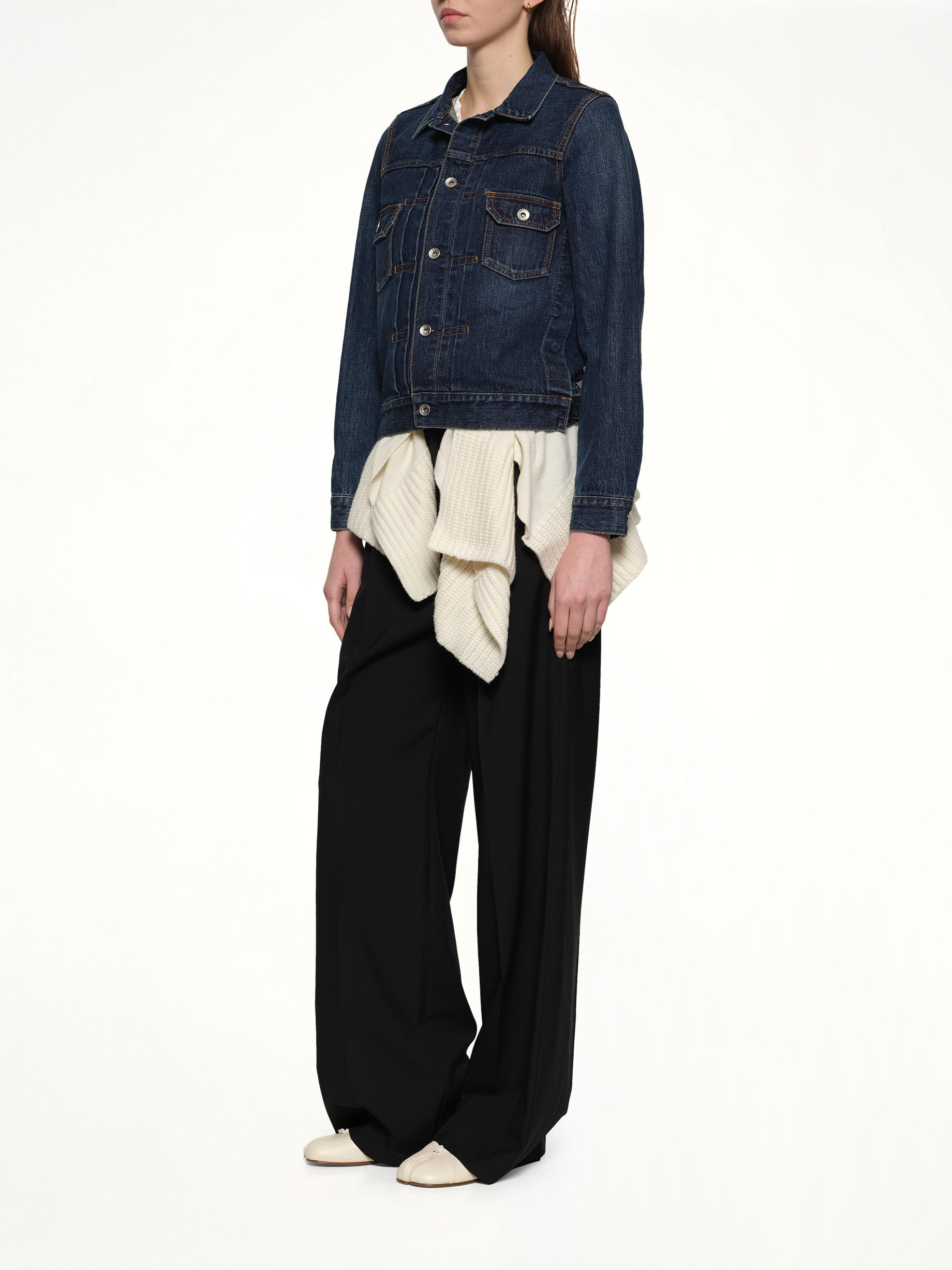 Denim x Wool Knit Jacket in Blue/Off White - 4
