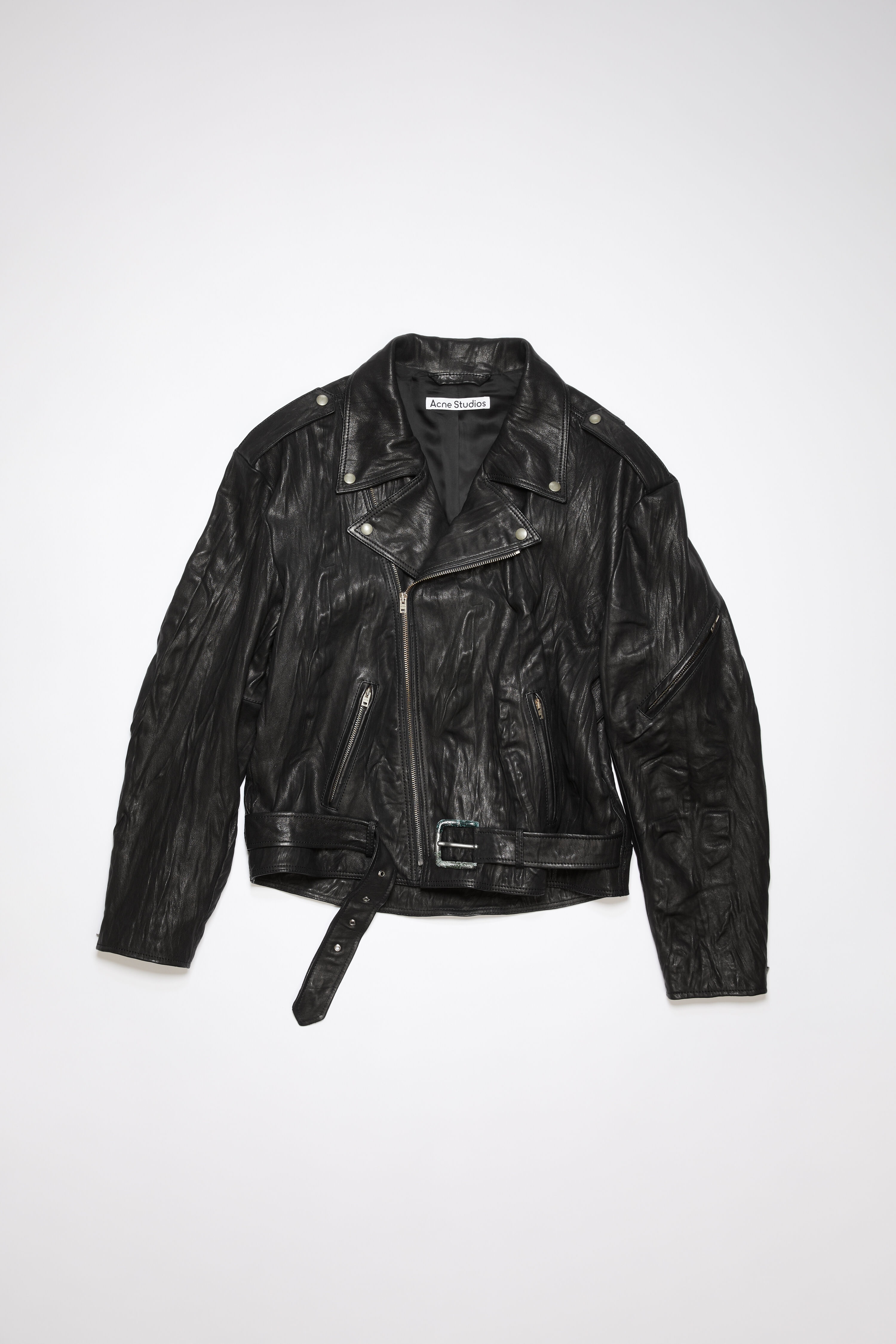 Crinkled leather biker jacket - Black - 7