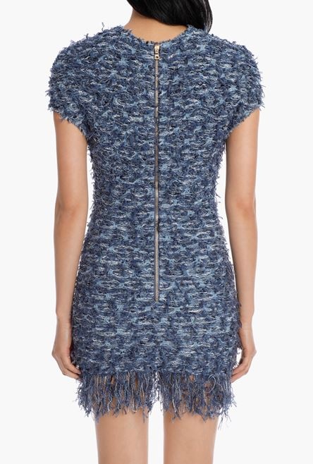 Short blue tweed dress with fringe - 8