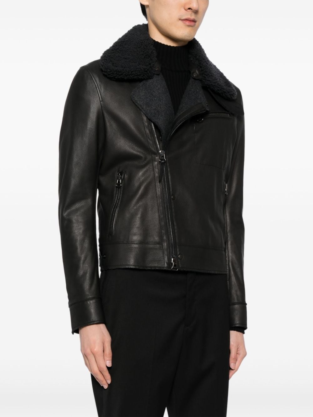 shearling-collar leather jacket - 3