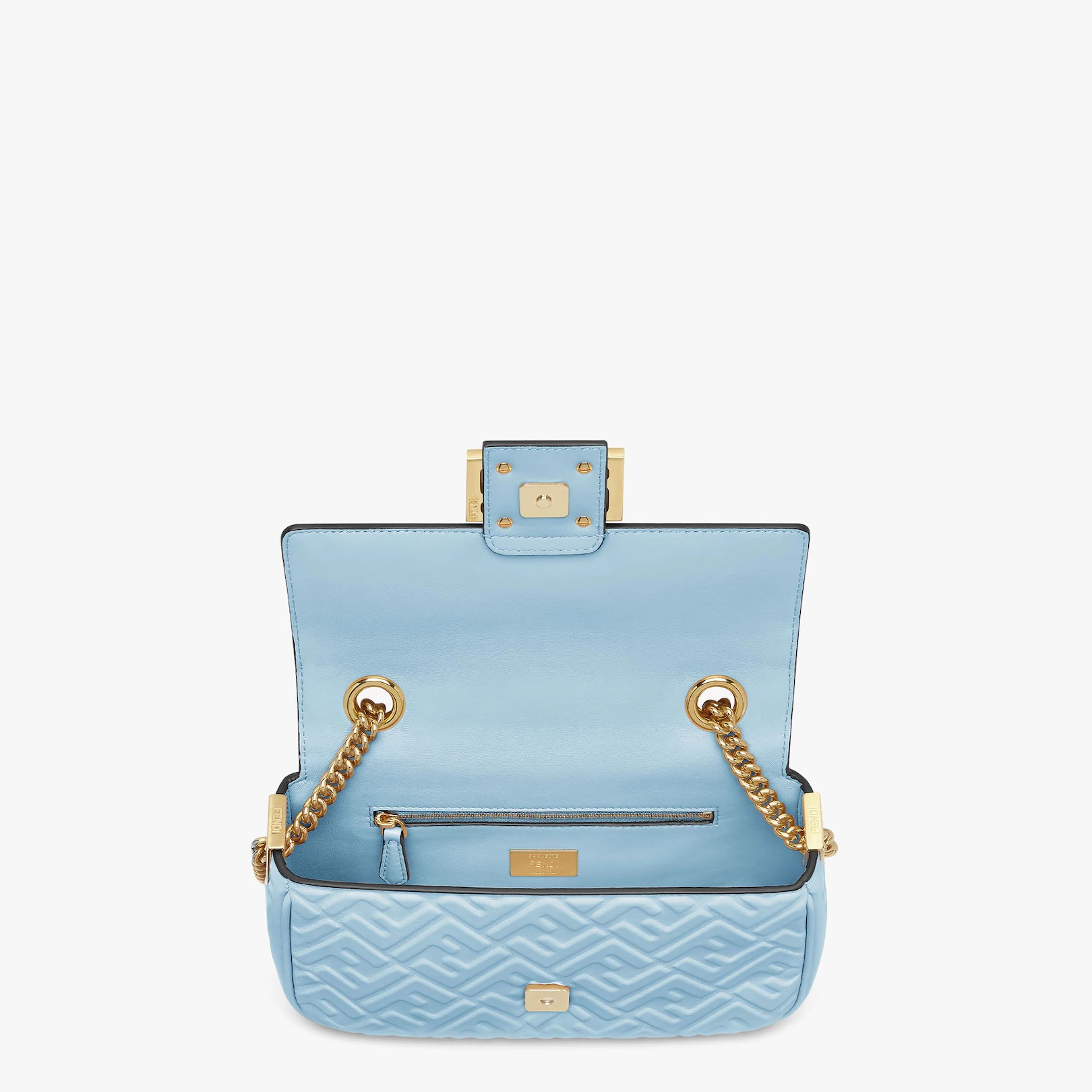 Iconic medium Baguette bag with chain, made of light blue soft nappa leather with a 3D texture FF mo - 4