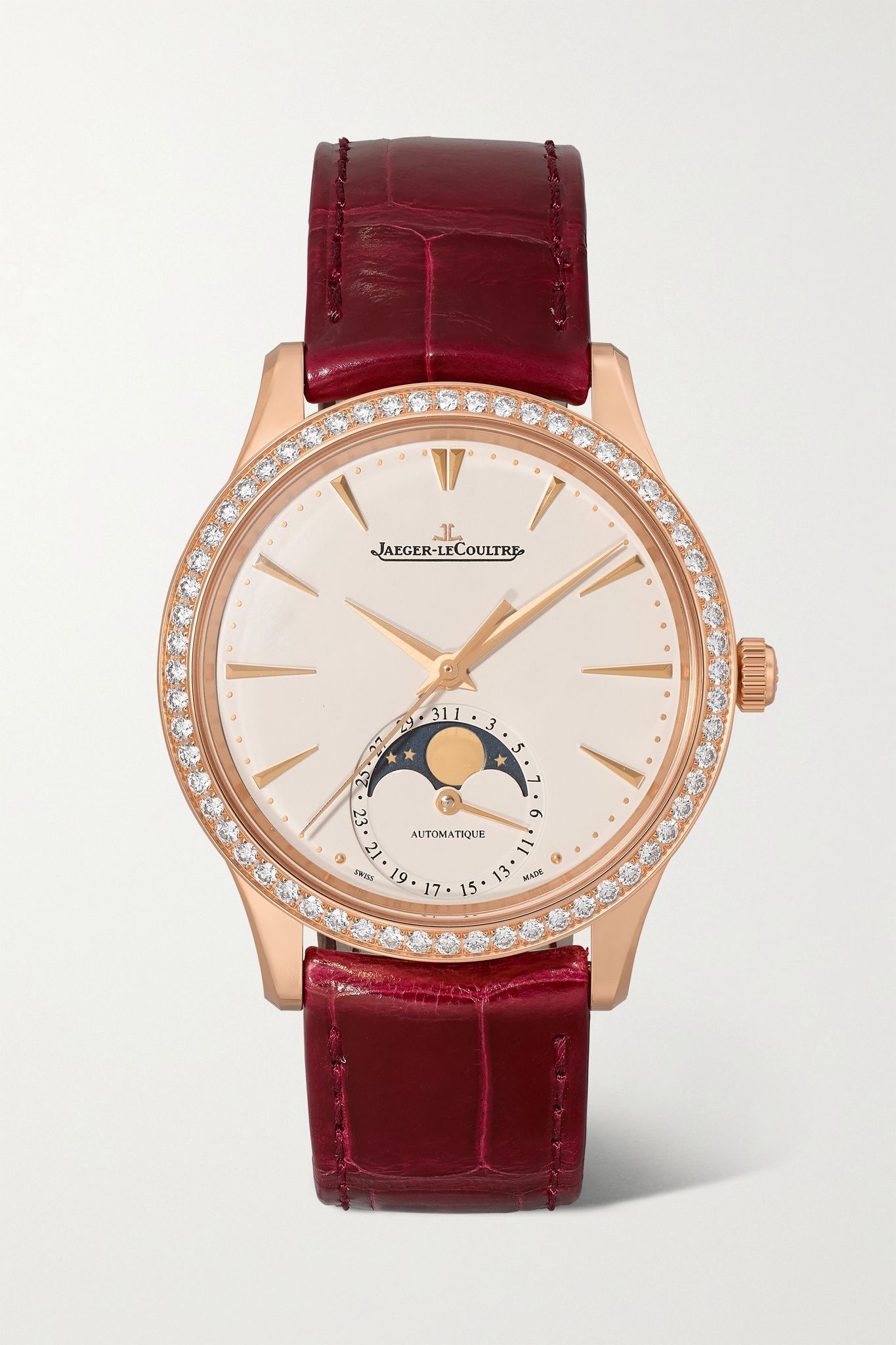 Master Ultra Thin Automatic Moon-Phase 34mm rose gold, alligator and diamond watch - 1