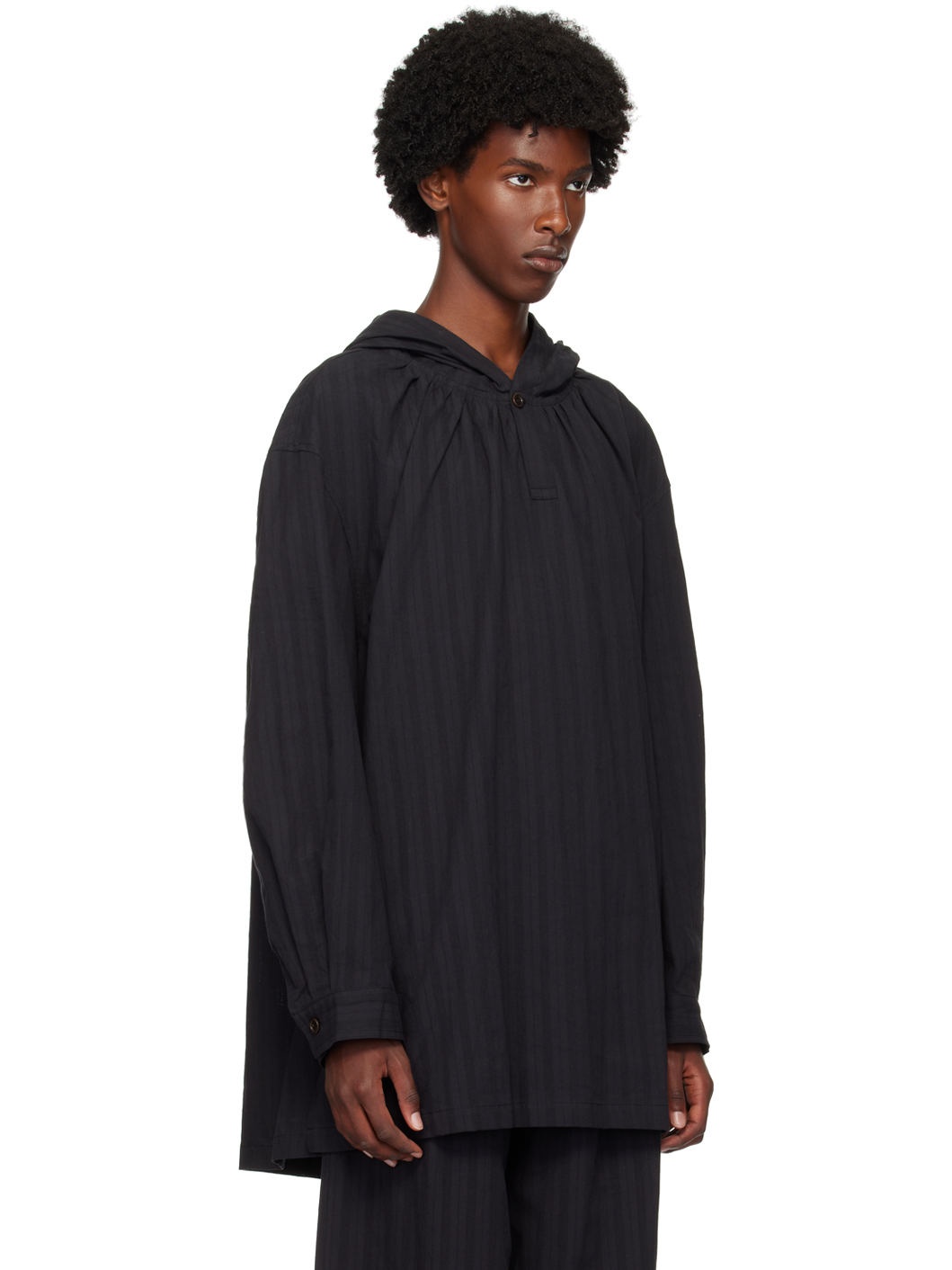 Black Shirring Hooded Top - 2