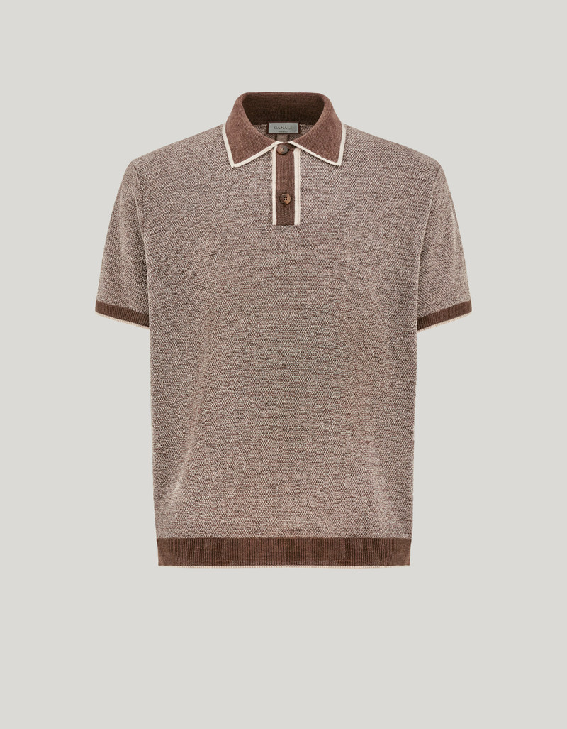 BROWN LINEN AND SILK JACQUARD POLO SHIRT WITH CONTRASTING COLLAR 1