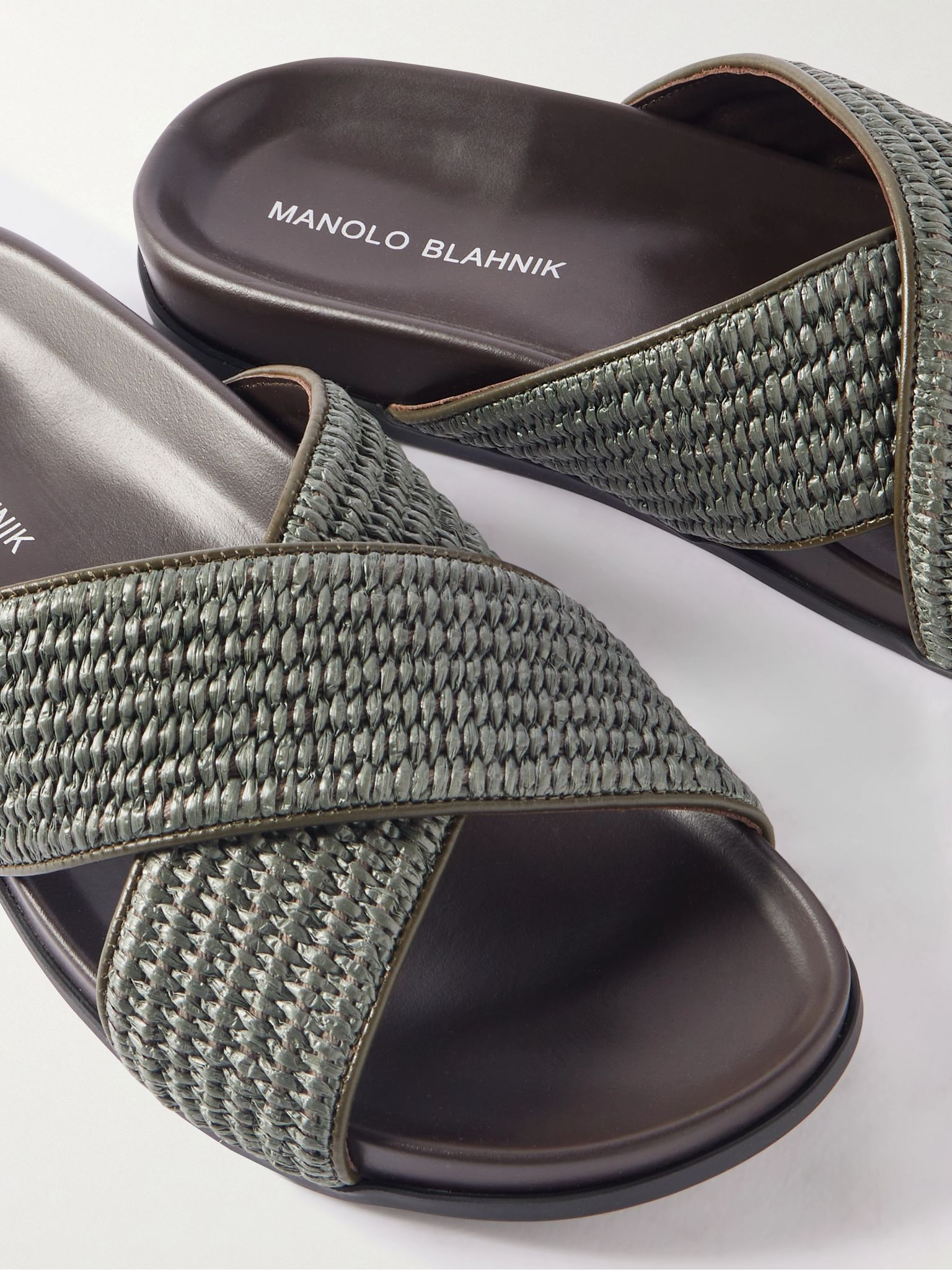 Chiltern Leather-Trimmed Raffia Sandals Dark green - 5
