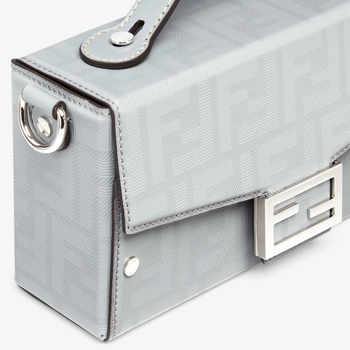 Baguette Soft Trunk bag made of light gray leather with a striped texture FF motif. Flap with magnet - 5