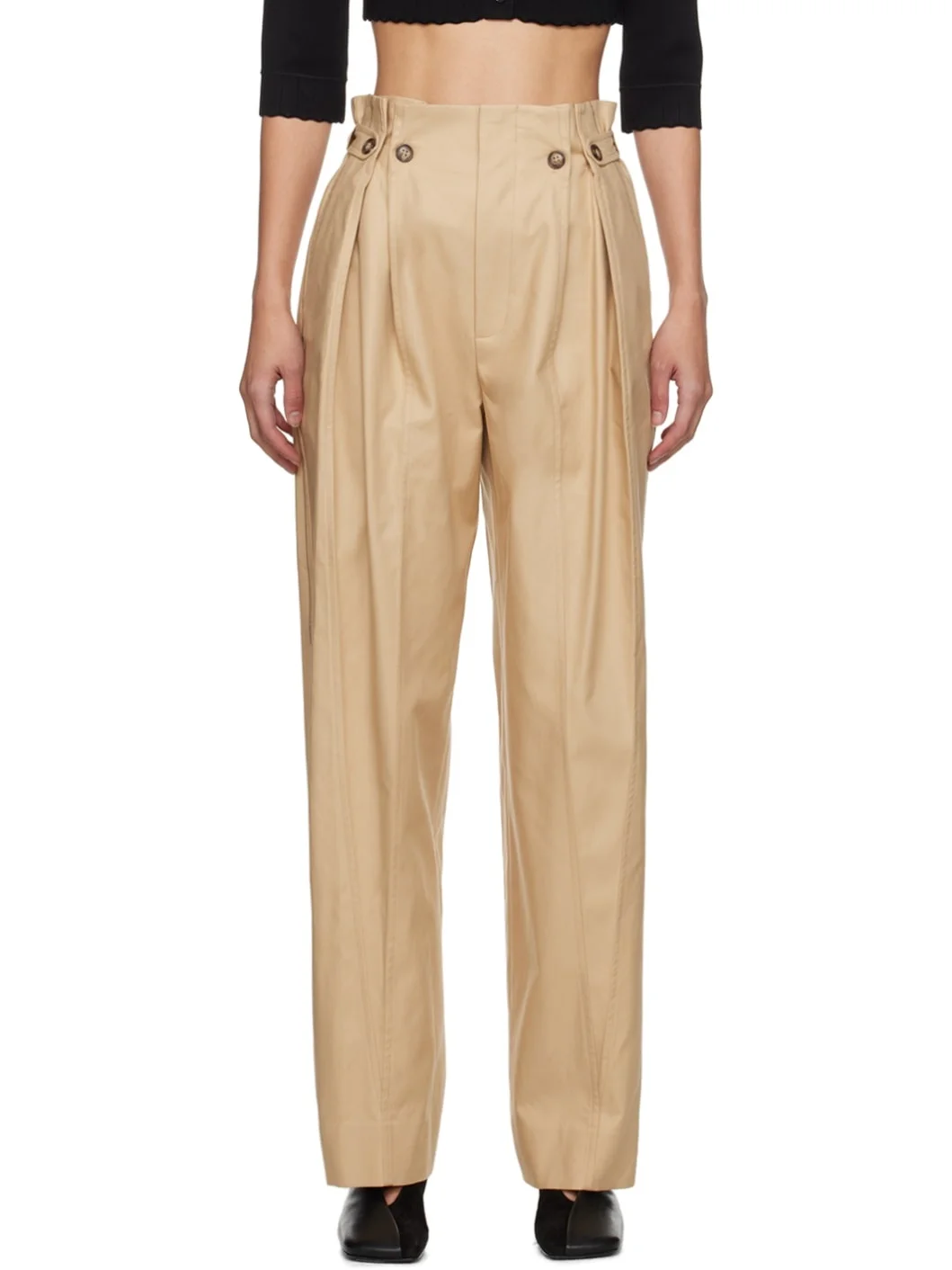 Beige Gathered Waist Trousers - 1