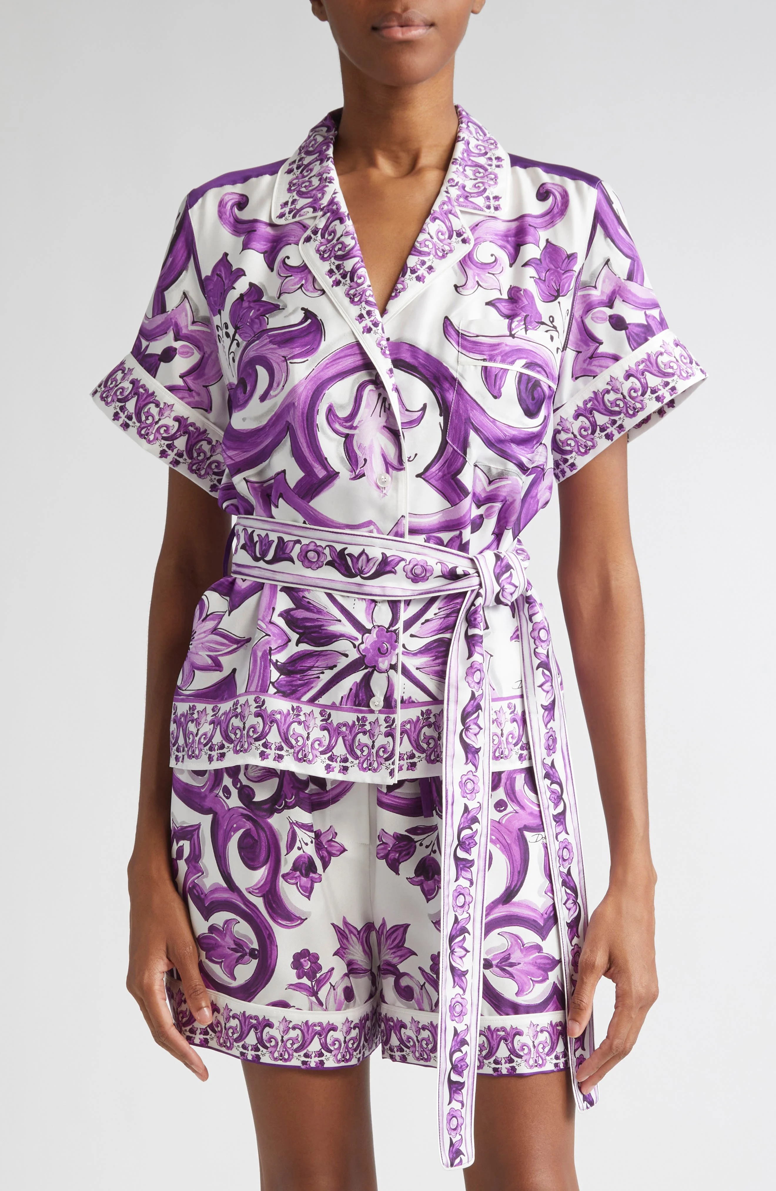 Dolce&Gabbana Majolica Print Silk Twill Drawstring Shirt in Ip3Tn Mix Maiolica Viola at Nordstrom - 1