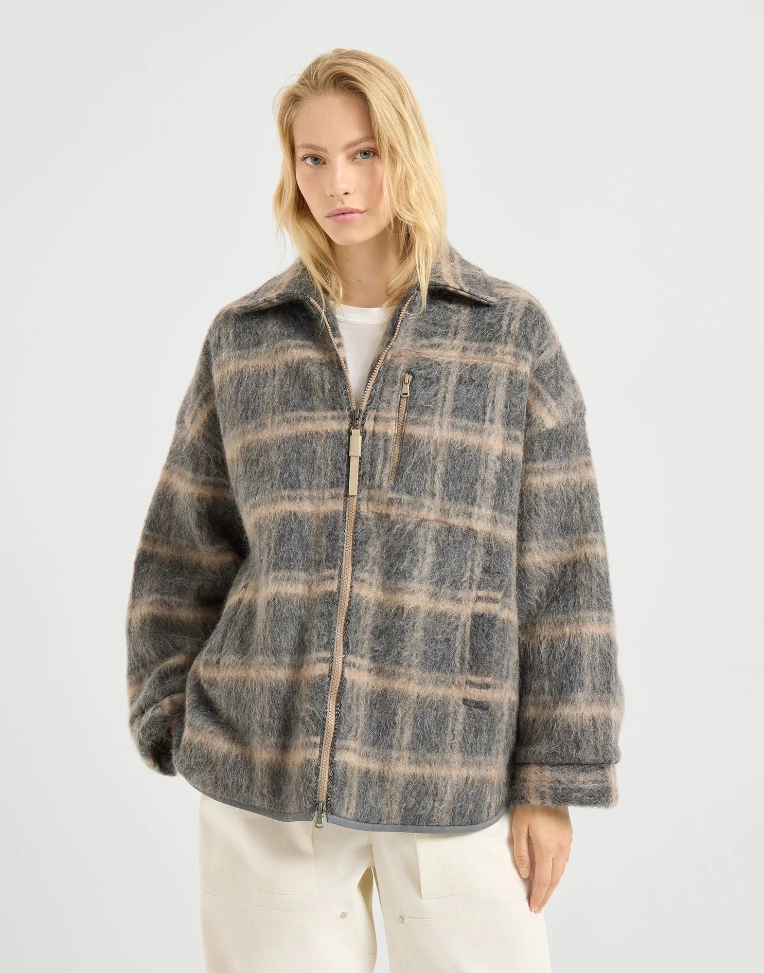 Virgin wool, mohair and cashmere jacquard check knit outerwear jacket with Thermore® padding and shi - 1