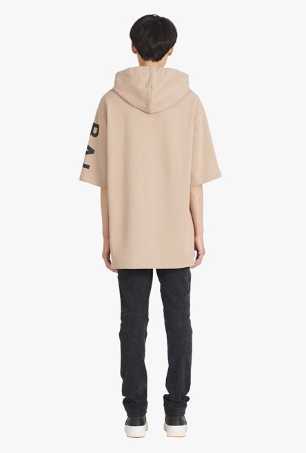 Oversized sand-colored eco-designed cotton hooded sweatshirt with black Balmain logo print - 3