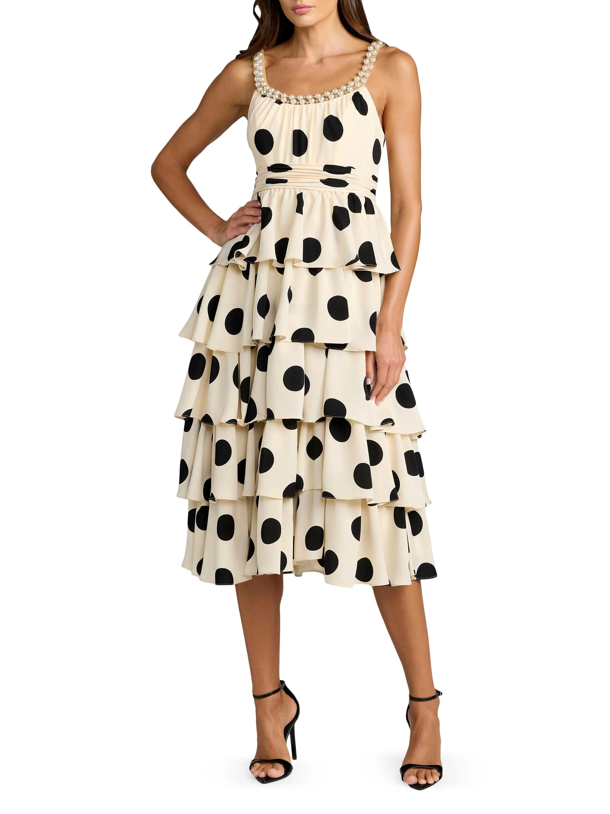 Women's Polka Dot Charmeuse Tiered Satin Midi-Dress - Black Ivory - 1