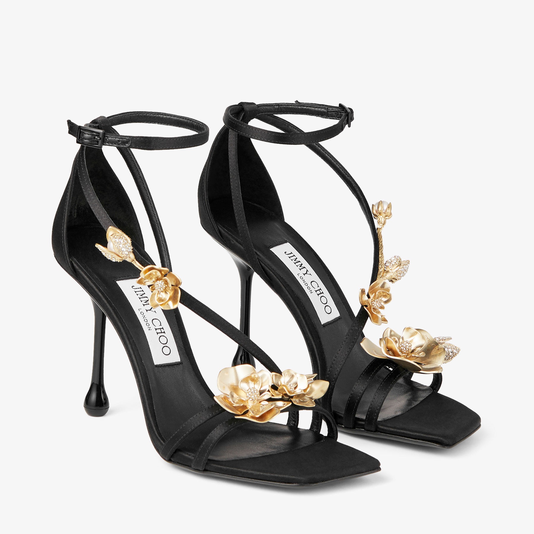 Zea 95
Black Satin Sandals with Metal Flowers - 3