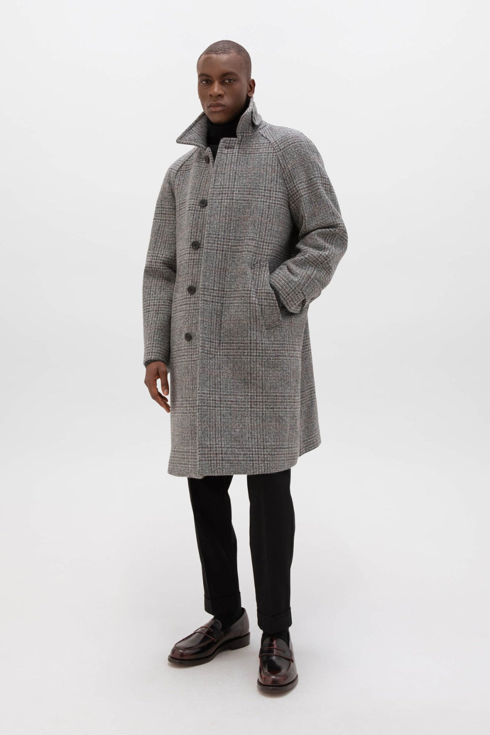 'The Balmacaan' Men's Coat | Grey & Rust Glen Check - 2
