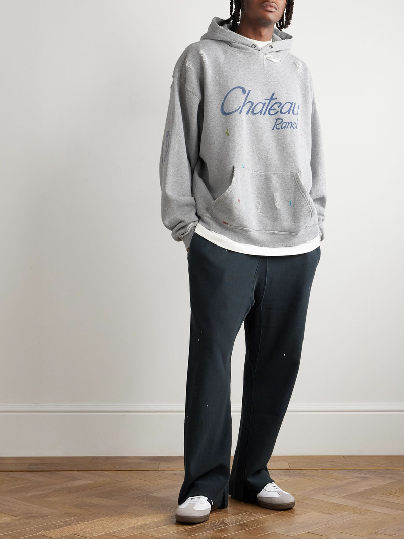 GALLERY DEPT. Chateau Ranch Distressed Paint-Splattered Printed Cotton-Blend Jersey Hoodie Gray outlook
