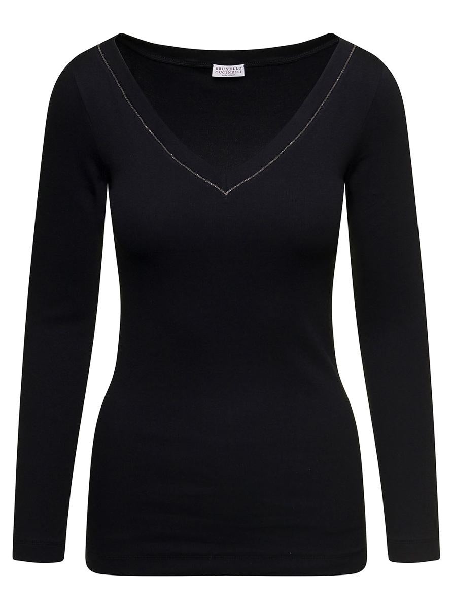 BRUNELLO CUCINELLI BLACK V-NECK PULLOVER WITH BEADS DETAILING IN STRETCH COTTON WOMAN - 1