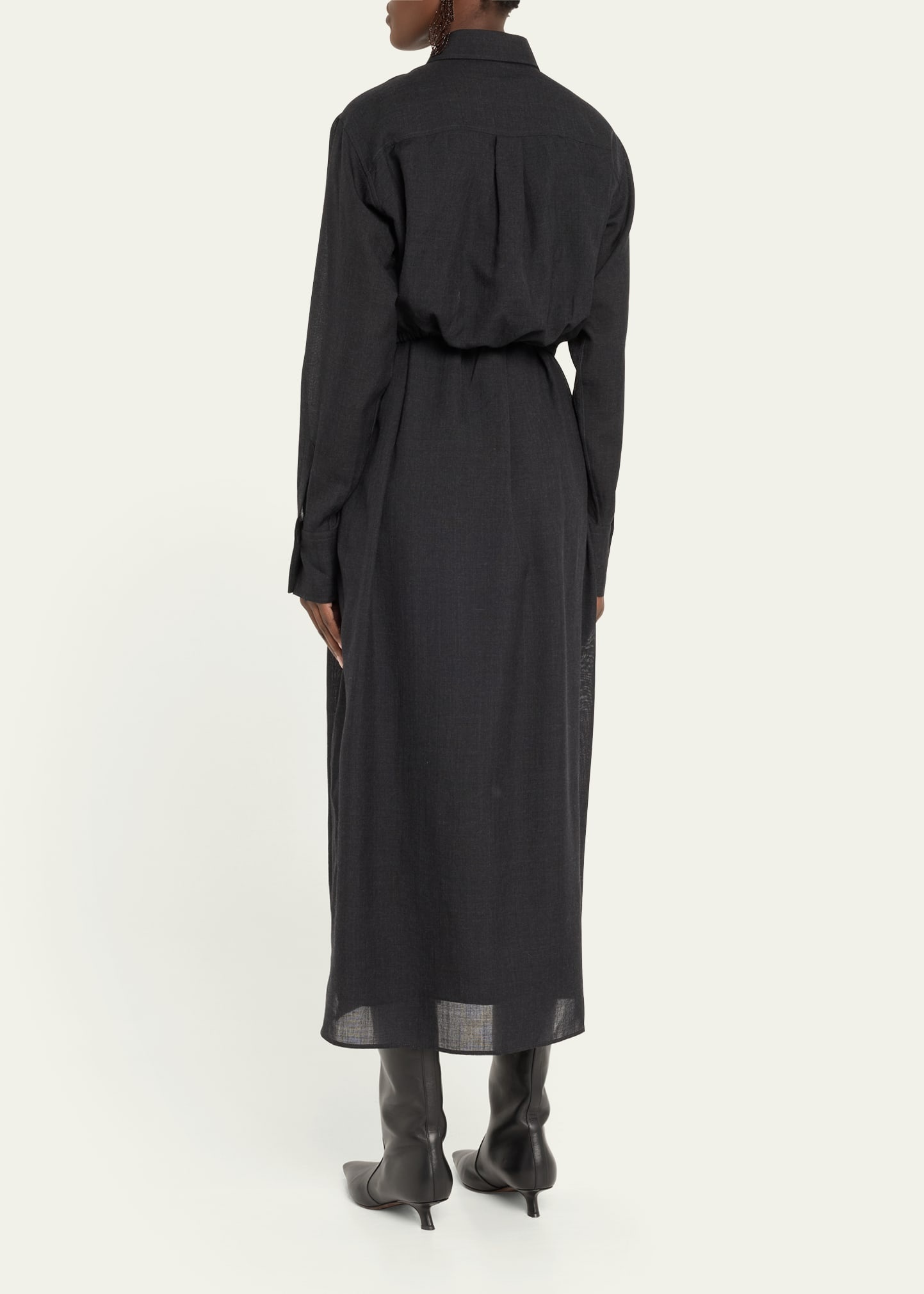 Long Wool Gauze Shirt Jacket Dress with Waist Tie - 3