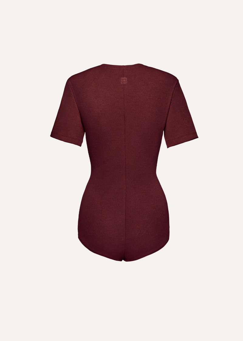 Ribbed short sleeve bodysuit in burgundy 2