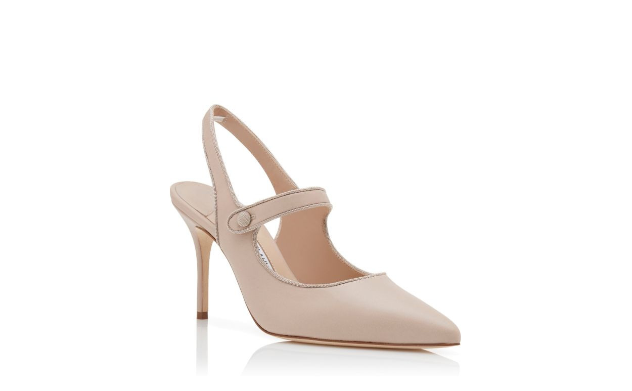 Beige Nappa Leather Pointed Toe Slingback Pumps - 4