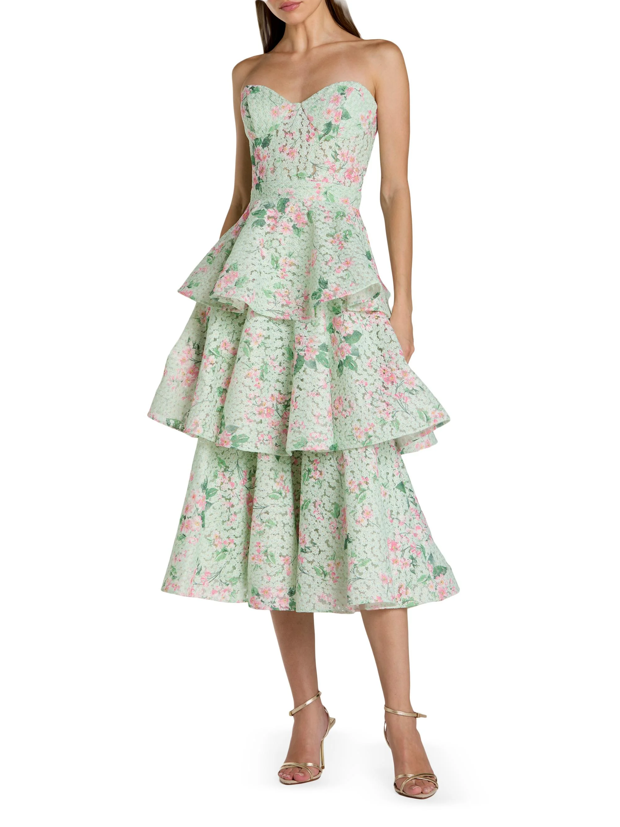 Women's Floral Net Tiered Strapless Midi-Dress - Mint Multi - 1