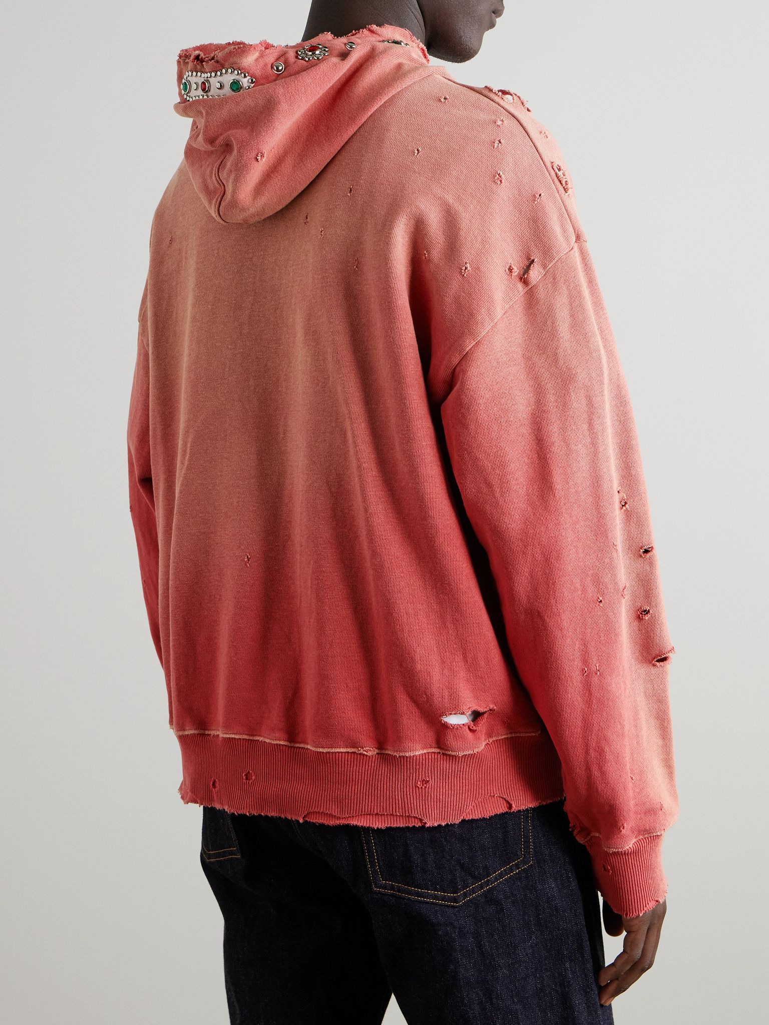 Embellished Suede-Trimmed Distressed Cotton-Jersey Hoodie Red - 3