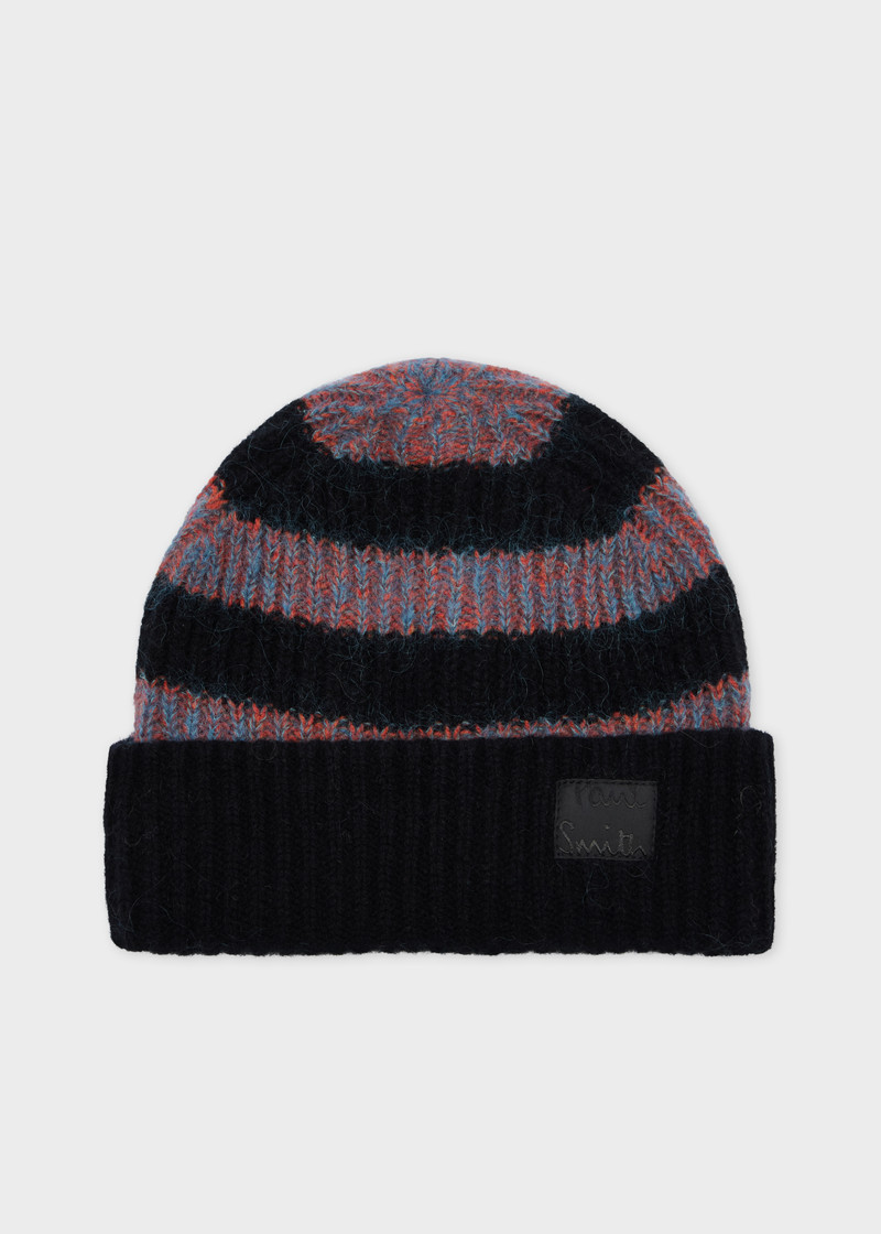 Paul Smith Black Stripe Lambswool-Mohair Chunky Knit Beanie and Scarf Set outlook