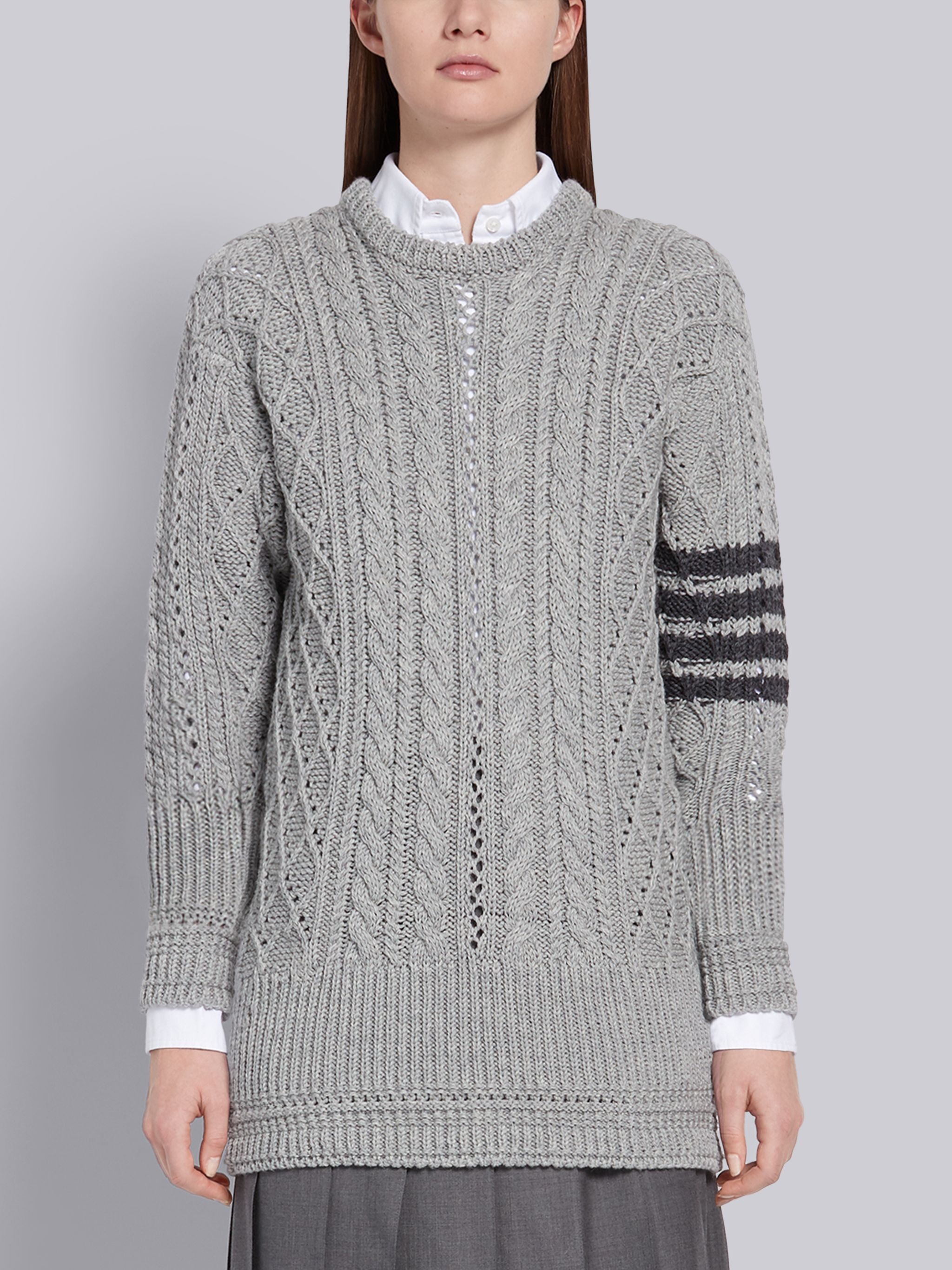 Light Grey Fine Merino Wool Aran Cable 4-Bar Crewneck - 1