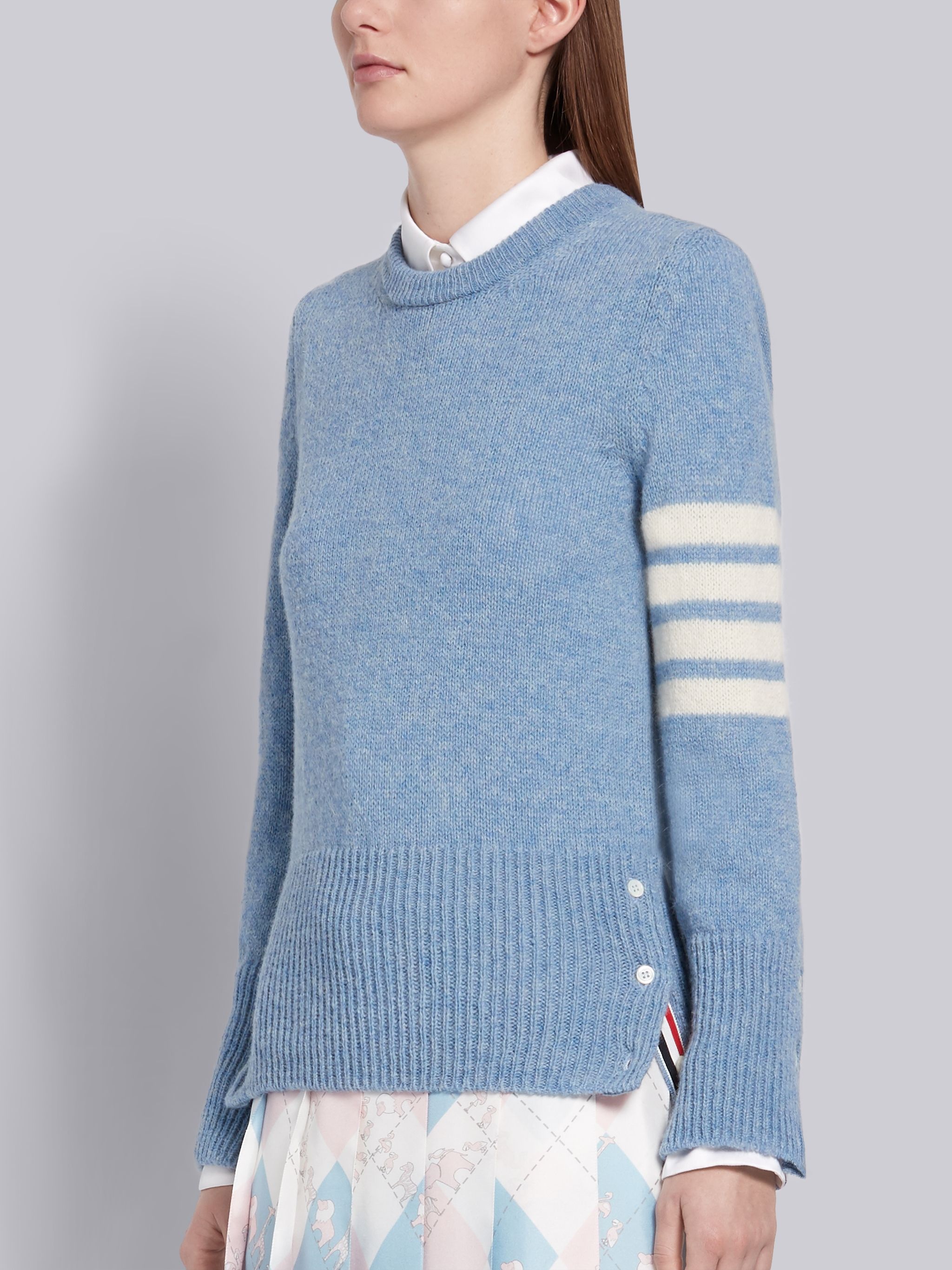 Light Blue Shetland Wool Jersey Classic Crewneck 4-Bar Pullover - 2