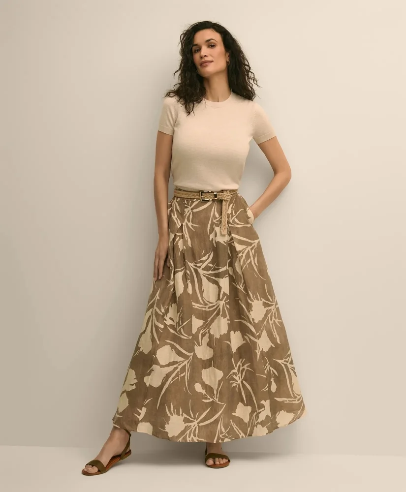 Linen-Blend Pleated Floral A-Line Skirt - 1