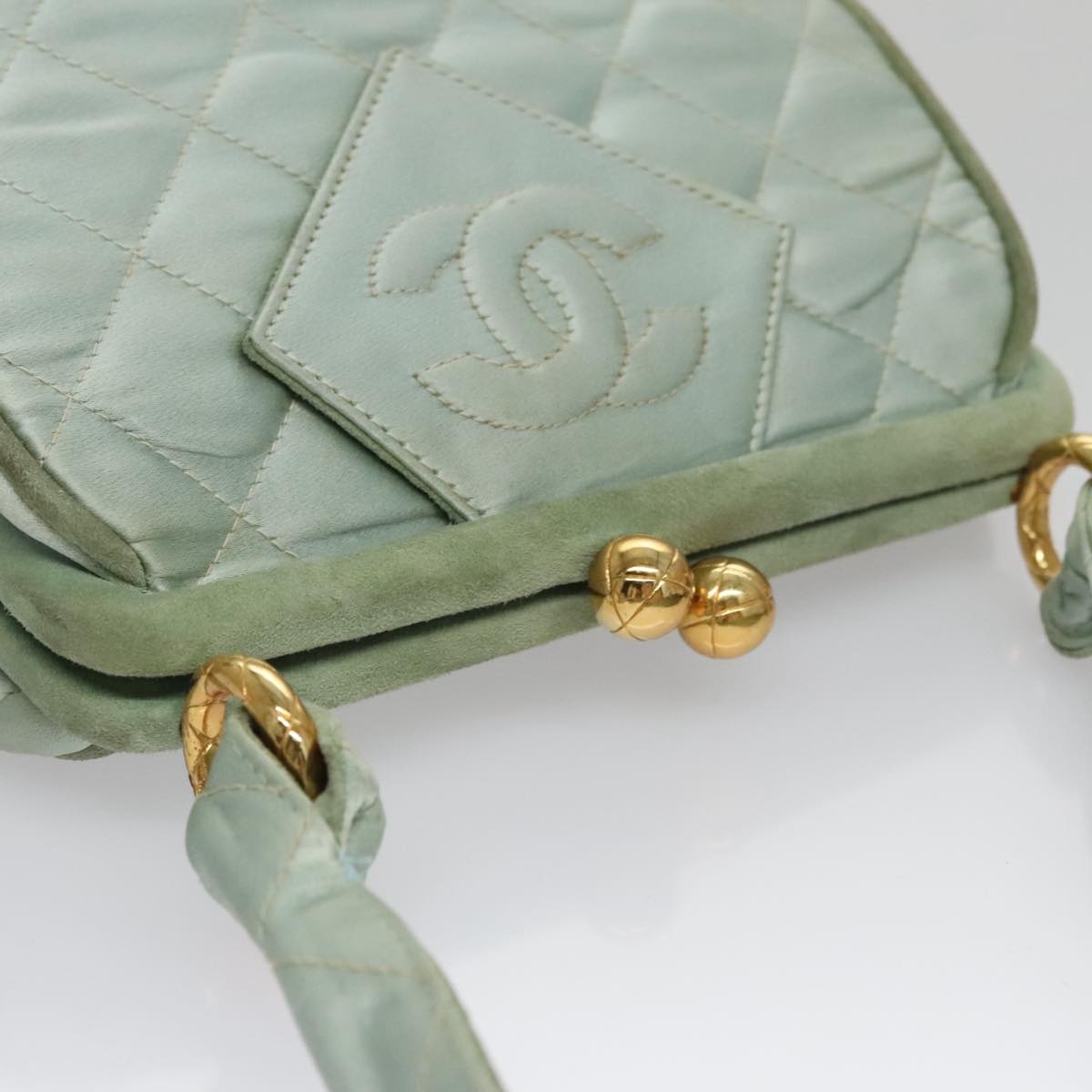 CHANEL Matelasse Hand Bag Satin Green CC - 6