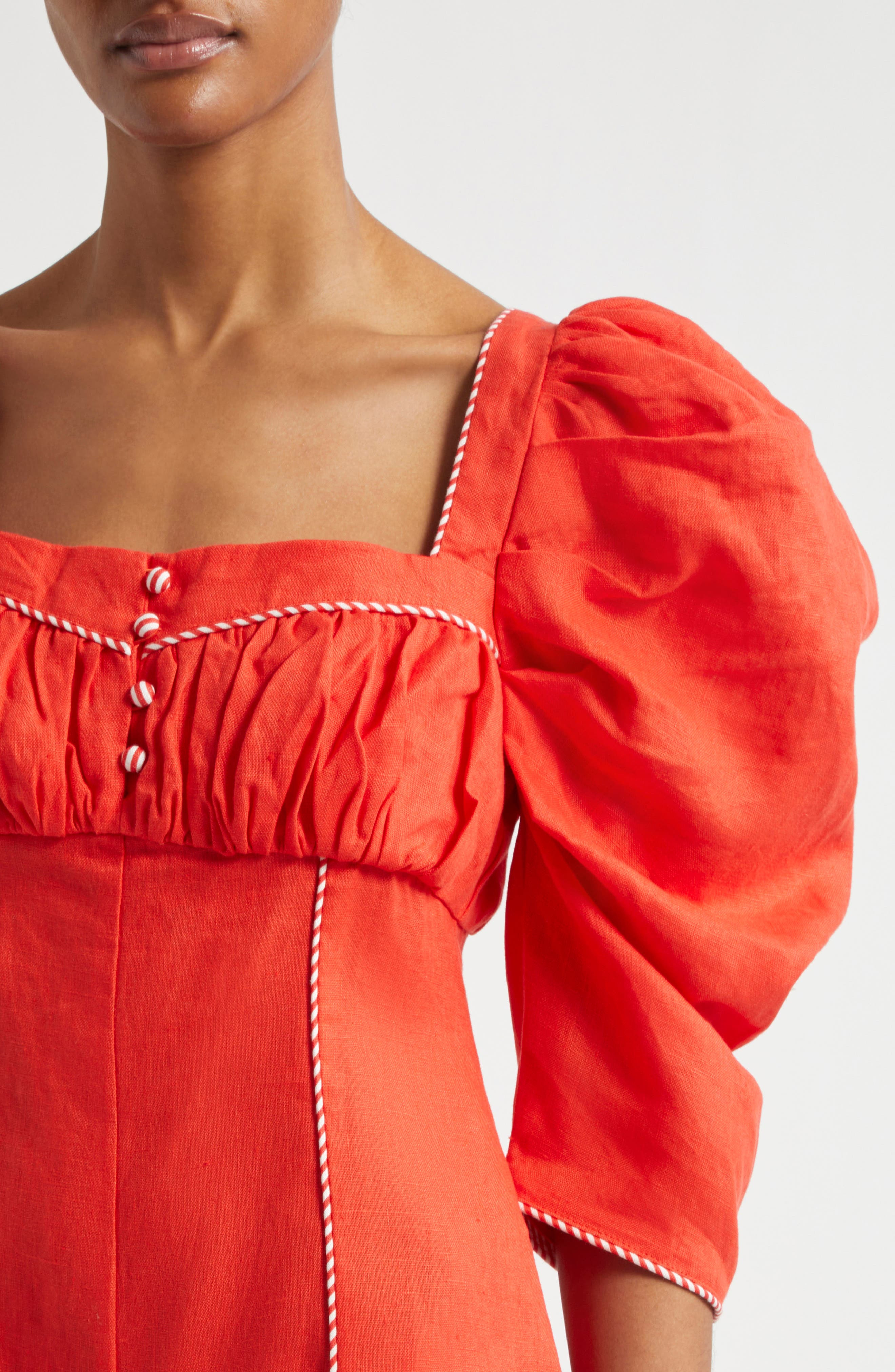 FARM Rio Puff Sleeve Linen Romper in Dark Red at Nordstrom - 4