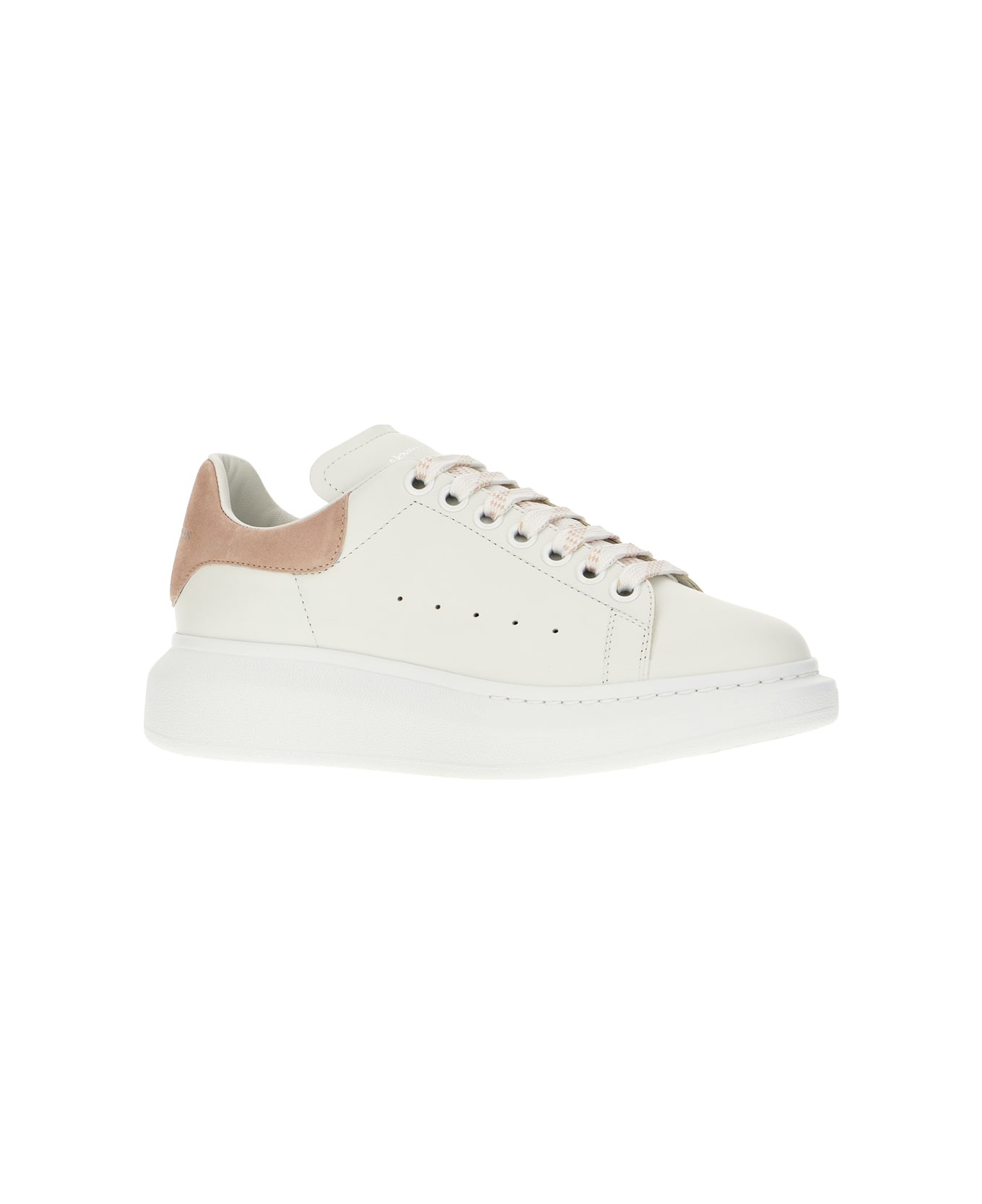 White Leather Sneakers With Pink Suede Heel - 2