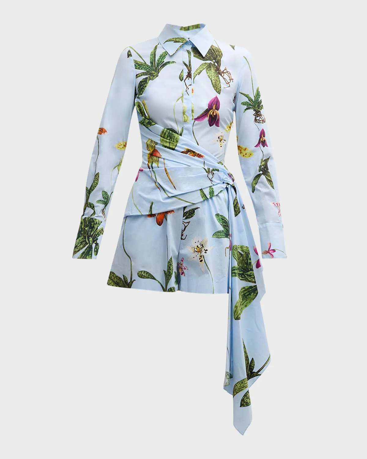 Long-Sleeve Orchids Poplin Draped Romper - 1