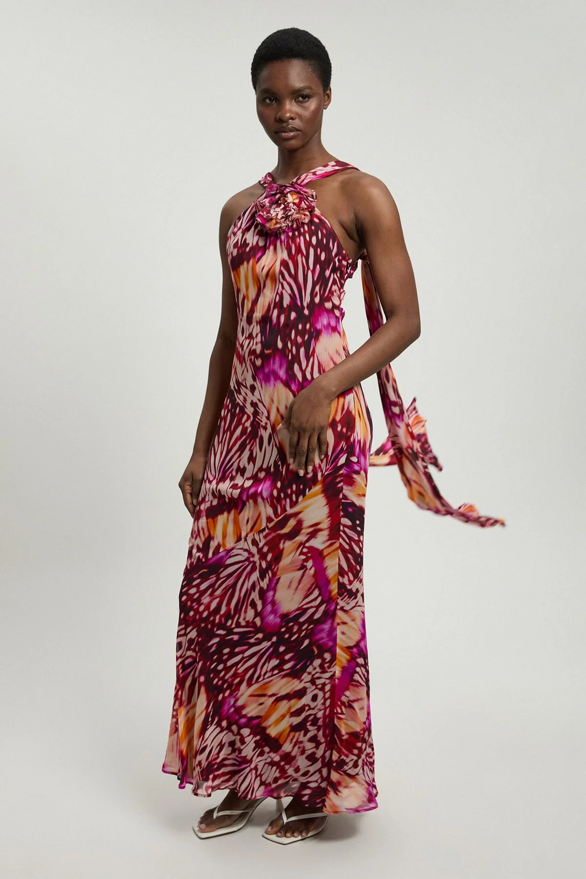 Viscose Georgette Butterfly Print Rosette Halterneck Maxi Dress - 1
