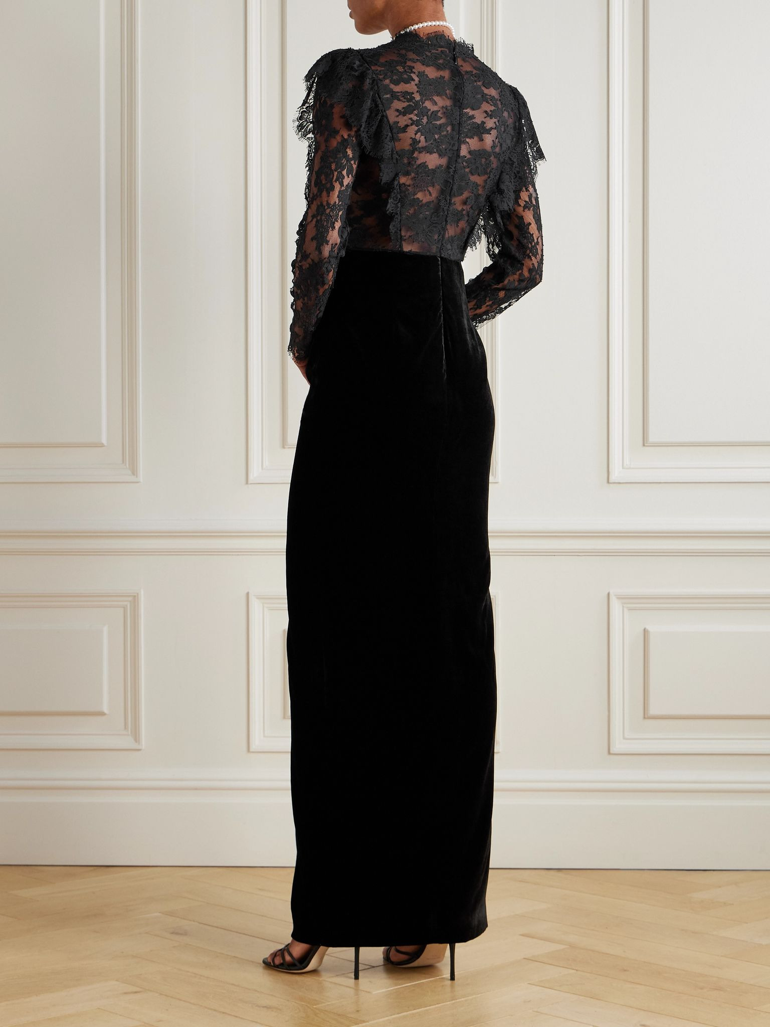 Bow-detailed velvet and lace gown Black - 3