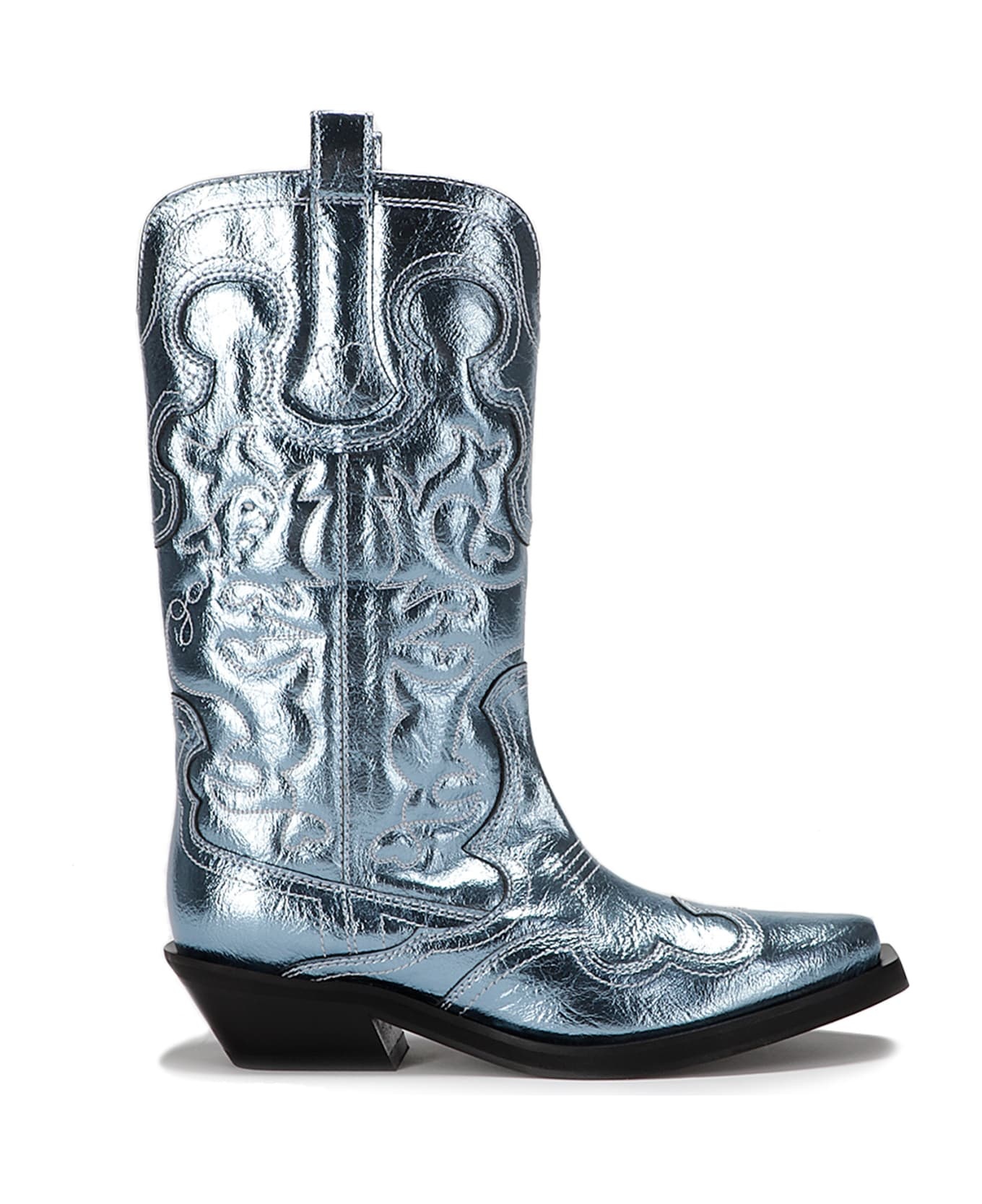 GANNI Mid Shaft Embroidered Western Boot Metallic | italist