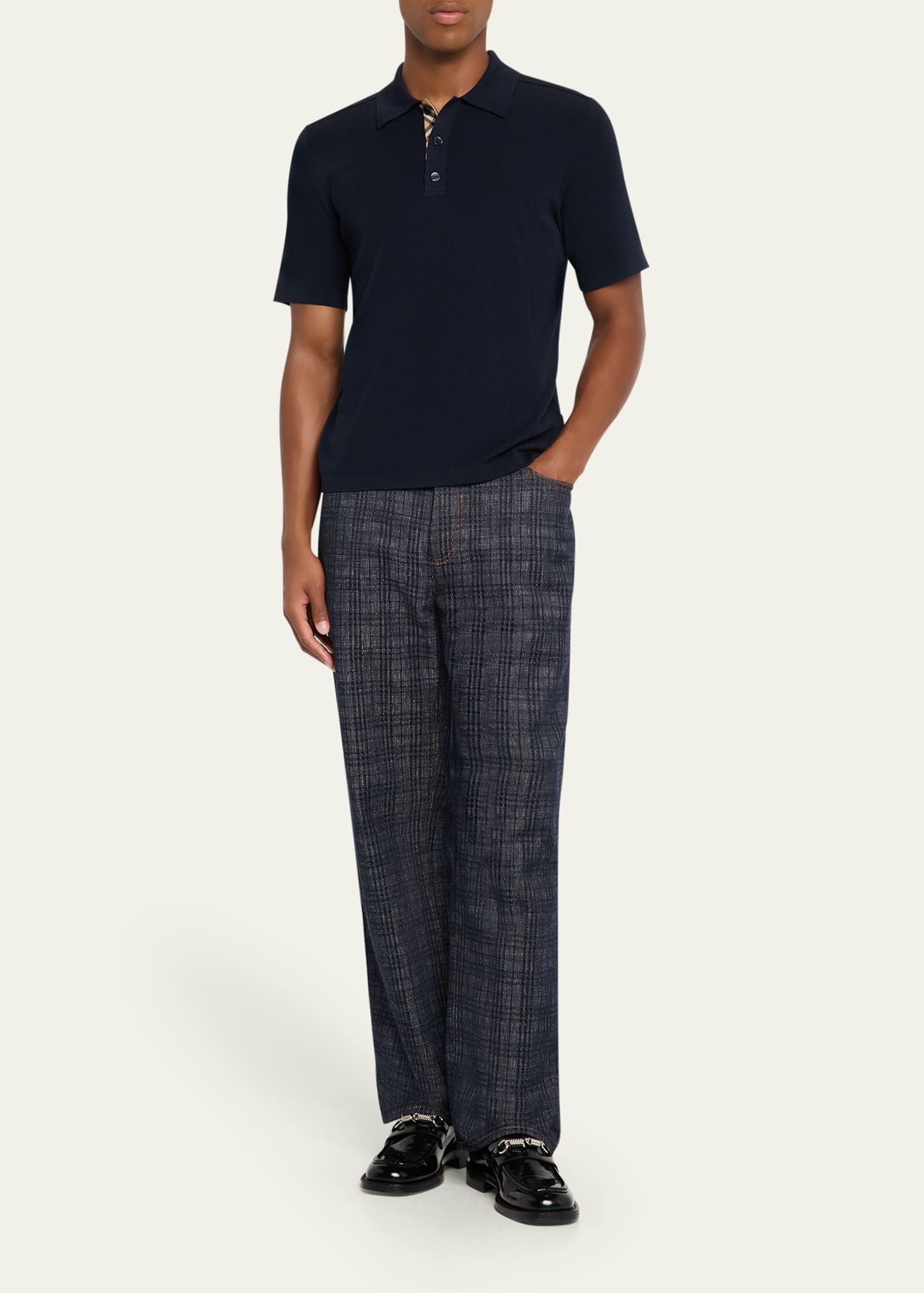 Men's Wool Knit Check-Placket Polo Shirt - 2
