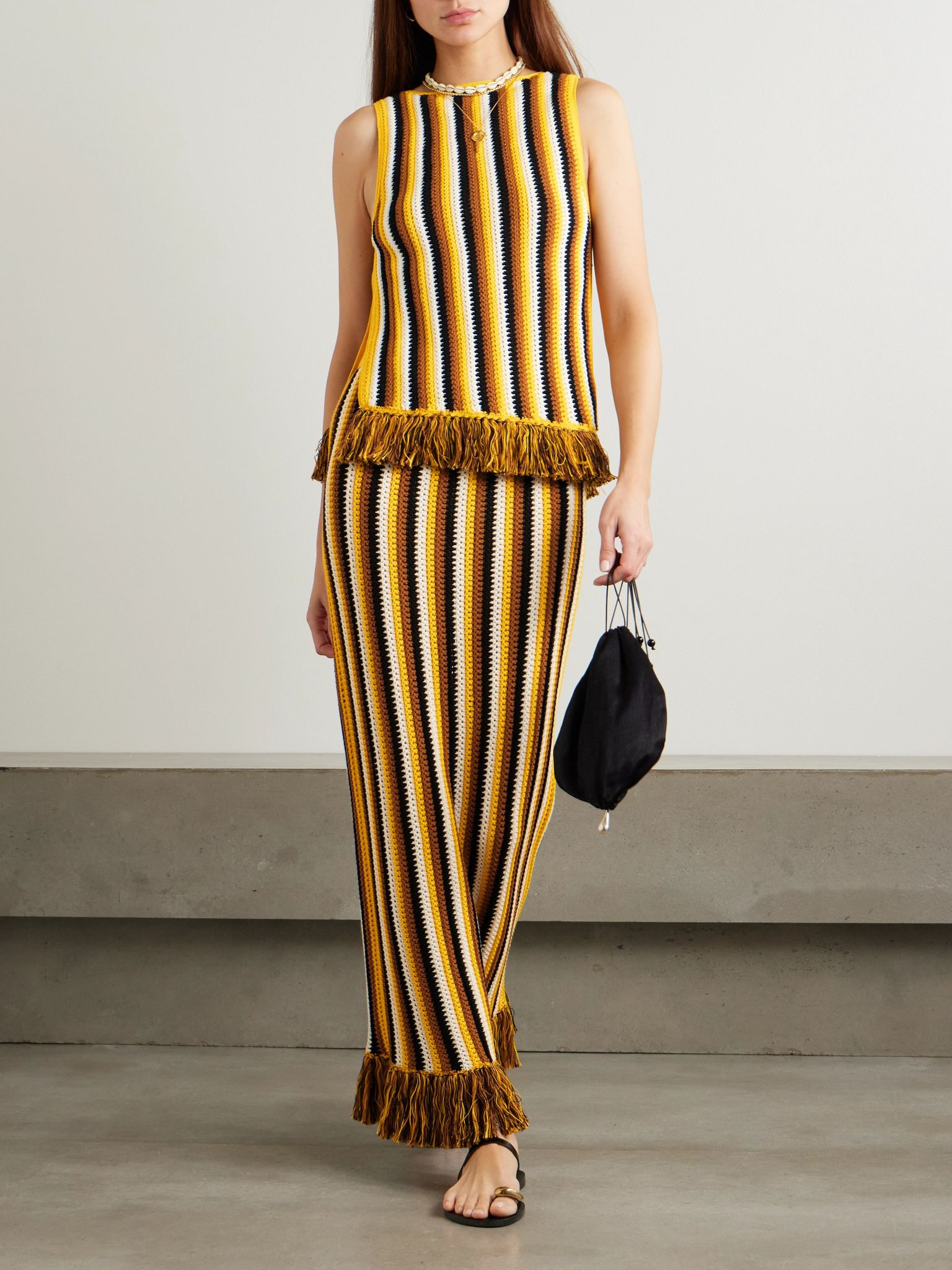 Misti fringed striped crocheted cotton maxi skirt Yellow - 2