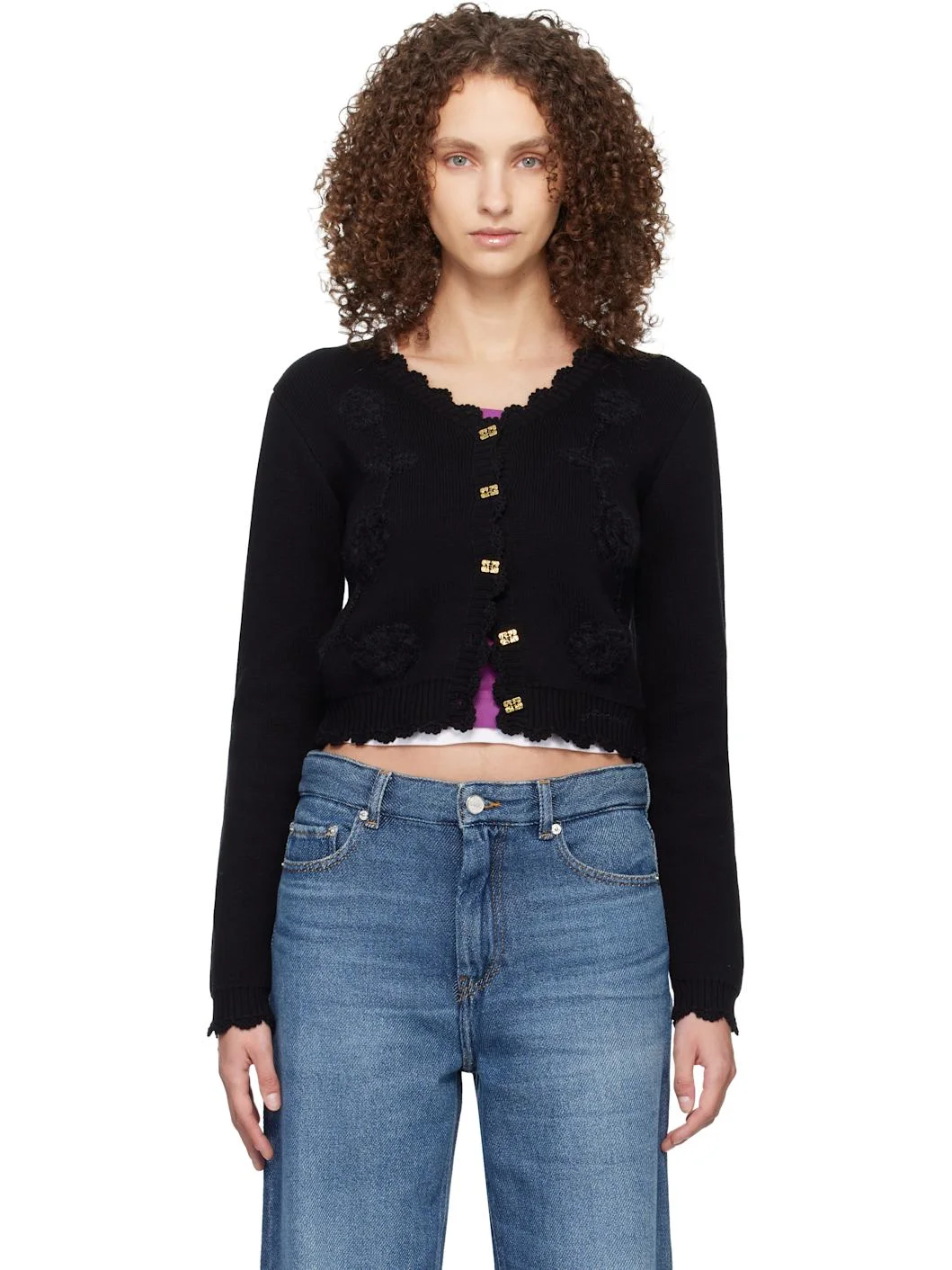 Black Crochet Appliqué Cardigan - 1