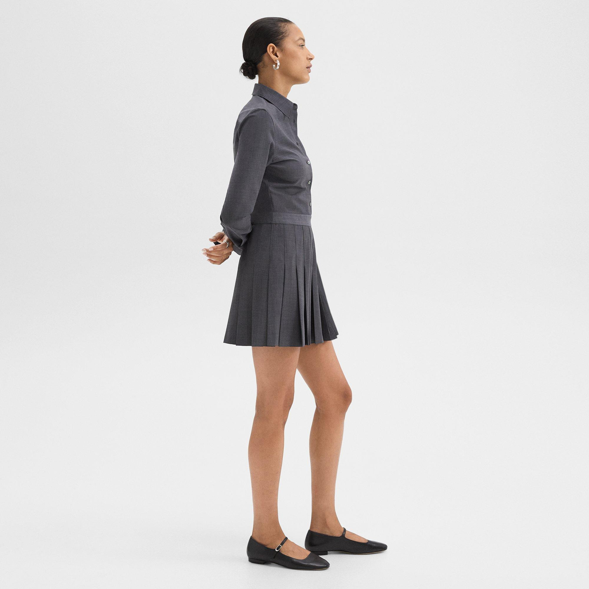 Pleated Mini Shirt Dress in Stretch Wool-Blend - 3
